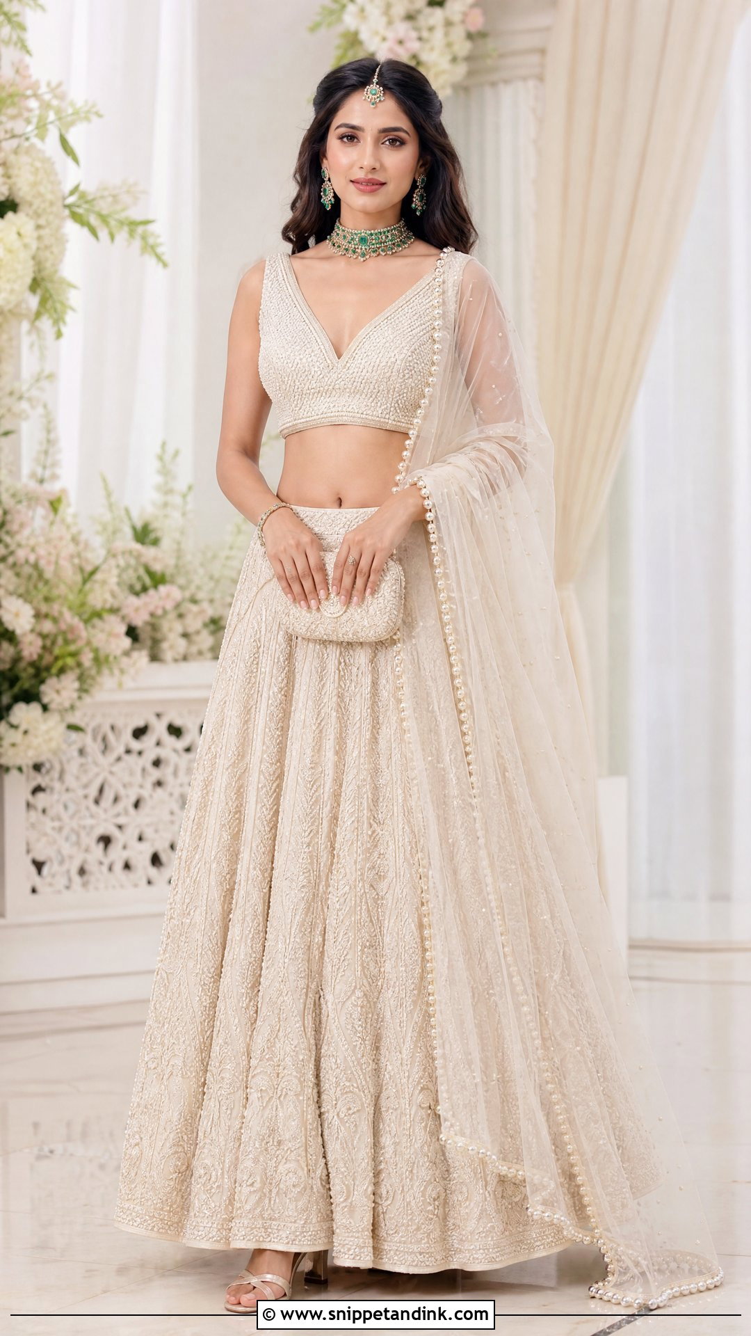 Ivory Pearl V Neck Bridal Blouse With Lehenga - Snippet and Ink - 20 V Neck Bridal Blouse Ideas