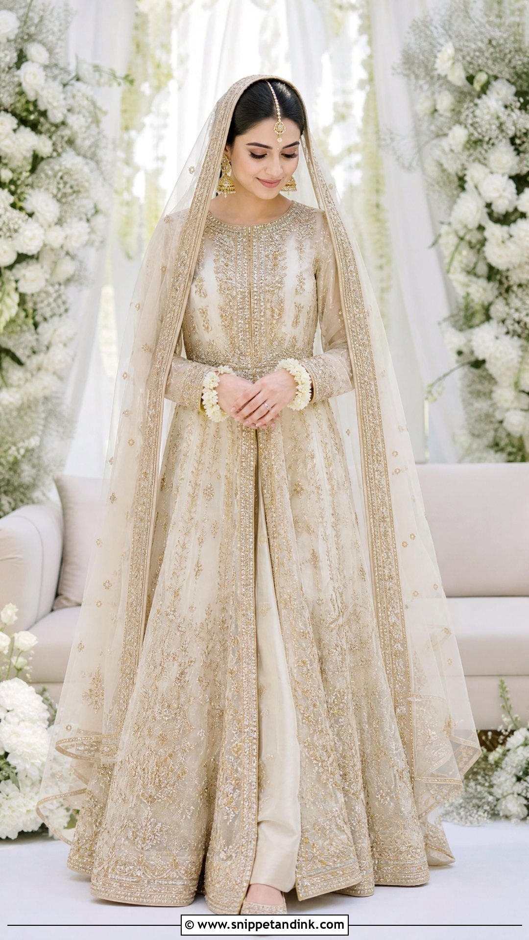 Ivory Pishwas Nikah Dress With Gold Dupatta - Snippet and Ink - 20 Pakistani Bridal Nikah Dress Ideas