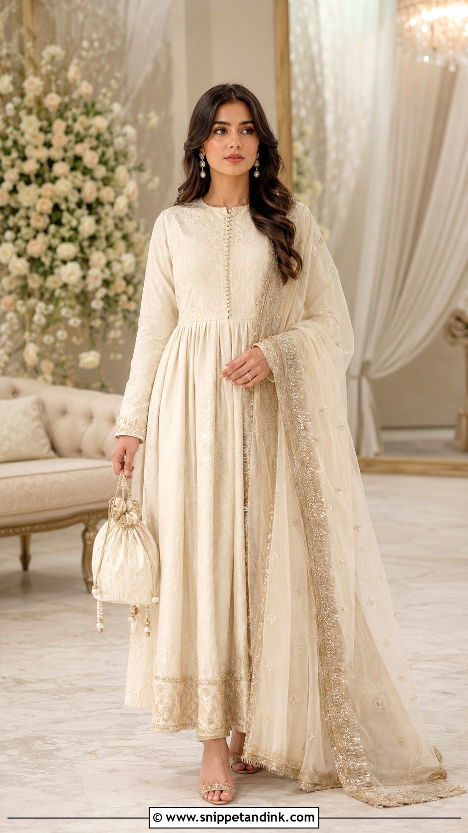Ivory Pishwas With Gold Kiran Dupatta - Snippet and Ink - 20 Kiran Dupatta Ideas