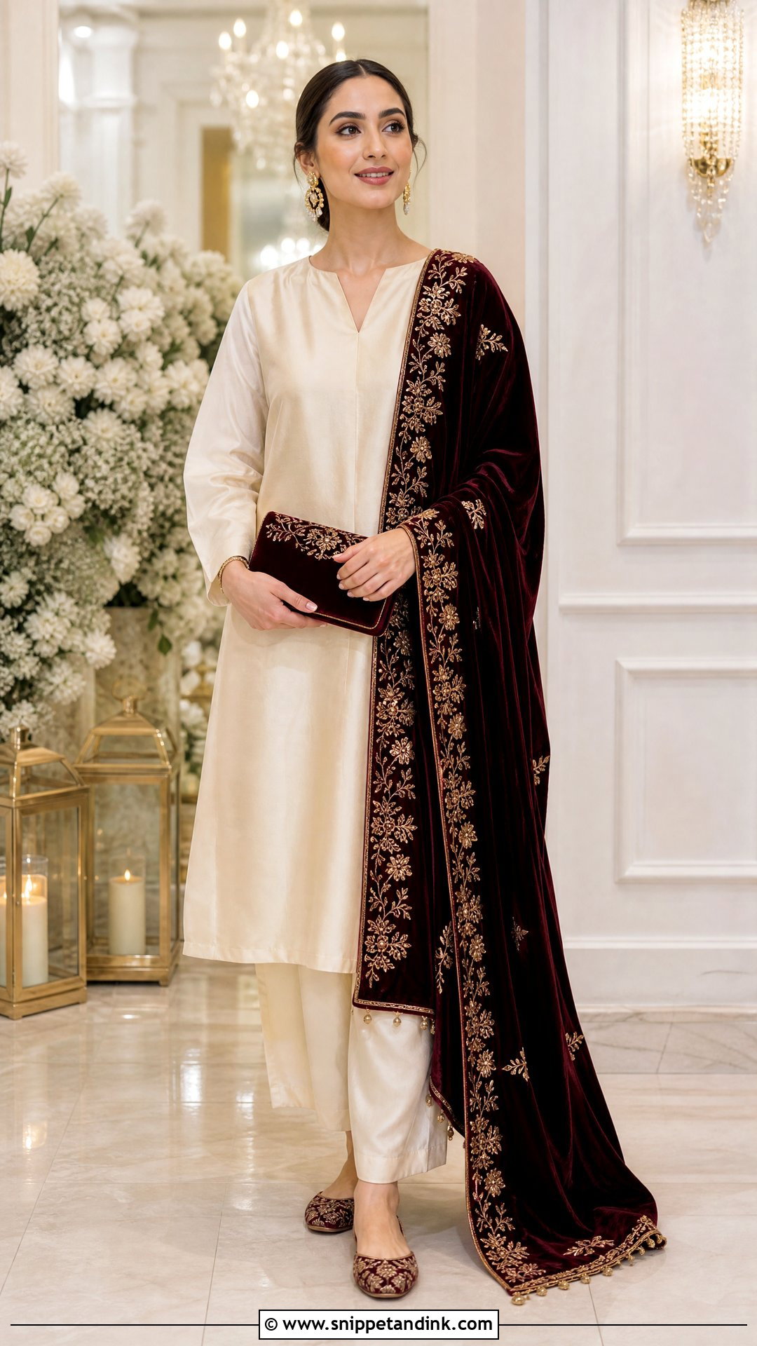 Ivory Plain Suit With Velvet Embroidered Dupatta - Snippet and Ink - 20 Plane Suit with Heavy Dupatta Ideas