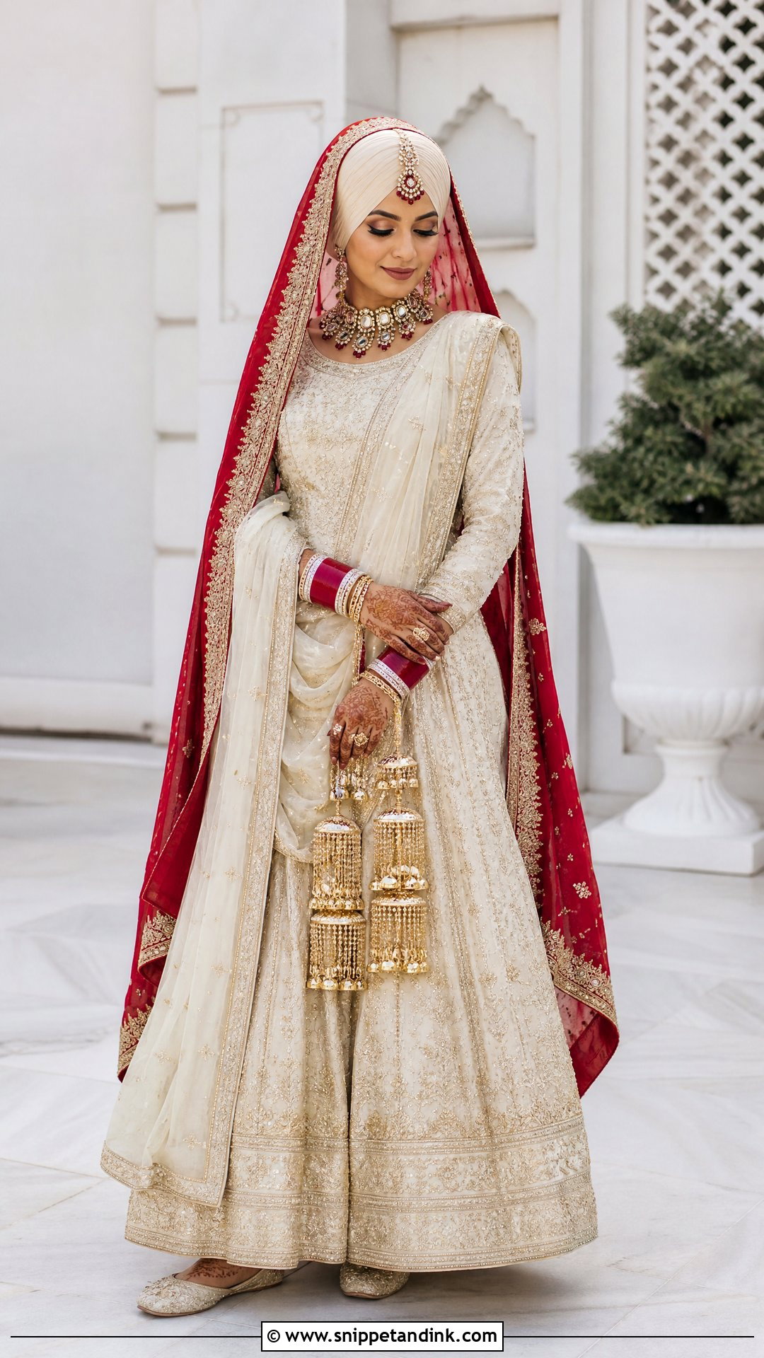 Ivory Punjabi Bridal Lehenga With Red Dupatta - Snippet and Ink - 25 Sikh Wedding Dress Punjabi Bride Ideas