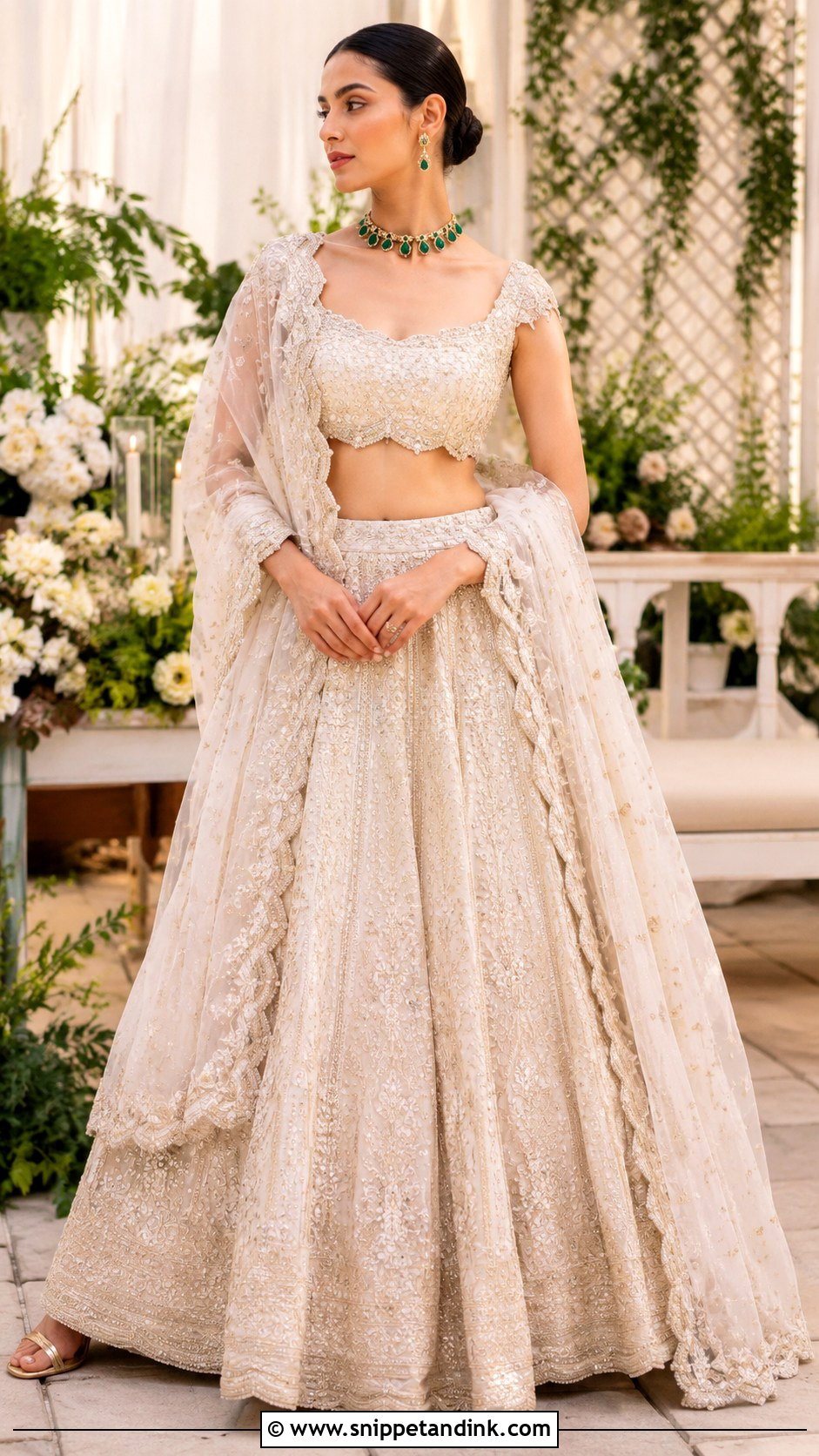 Ivory Punjabi Wedding Lengha With Emerald Jewelry - Snippet and Ink - 25 Punjabi Wedding Lengha Ideas