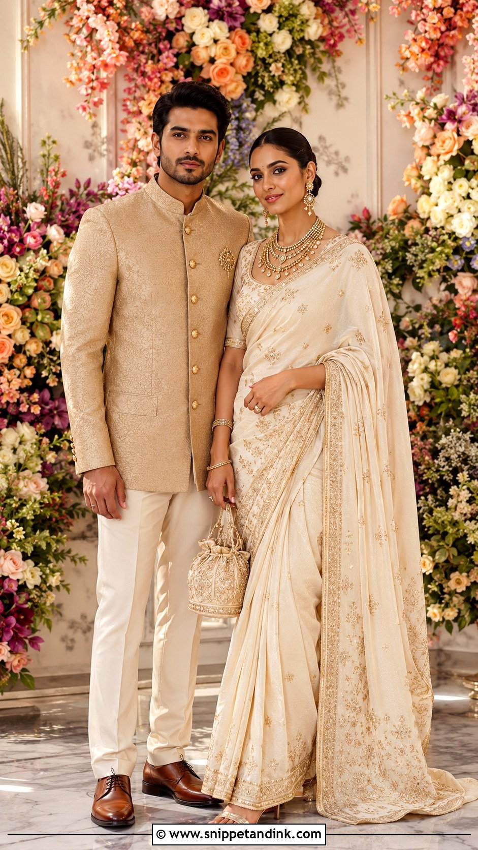 Ivory Saree And Gold Bandhgala - Snippet and Ink - 20 Couple Matching Outfits Indian Wedding