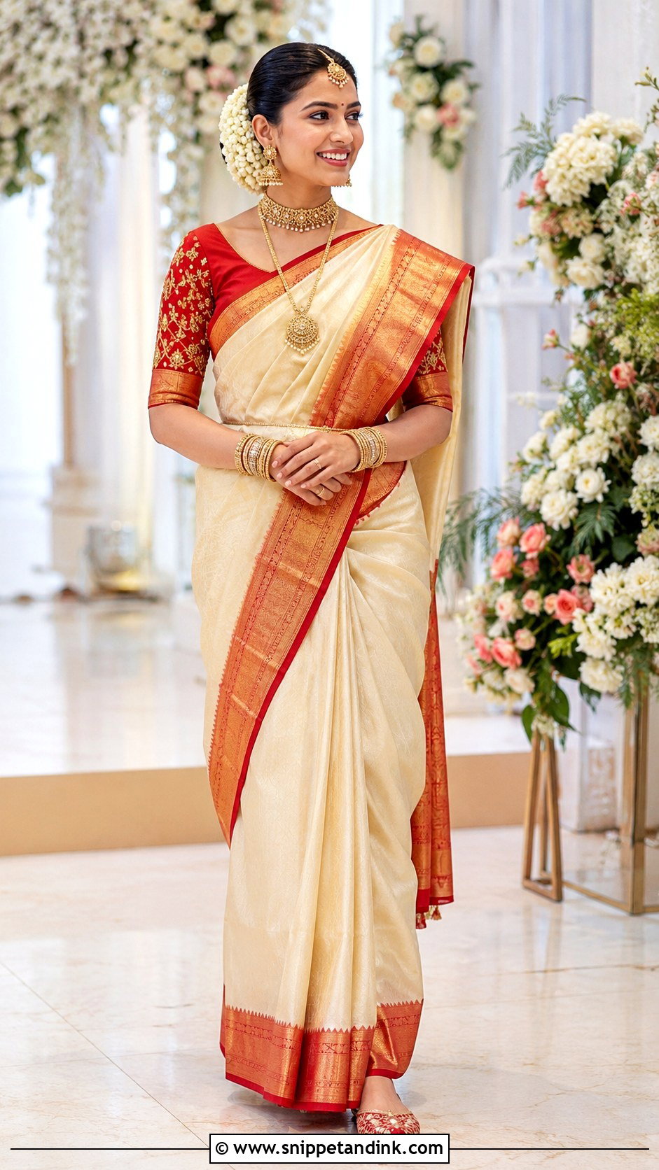 Ivory Saree With Red Border - Snippet and Ink - 20 90s Indian Bride Ideas