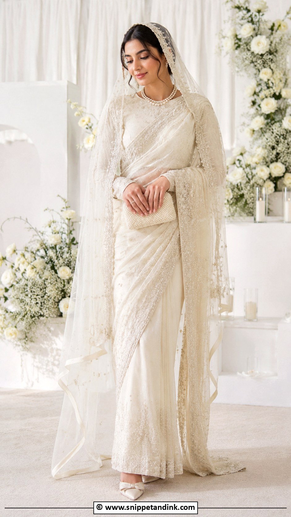 Ivory Saree With Veil Nikkah Outfit - Snippet and Ink - 25 Nikkah Outfits for Bride