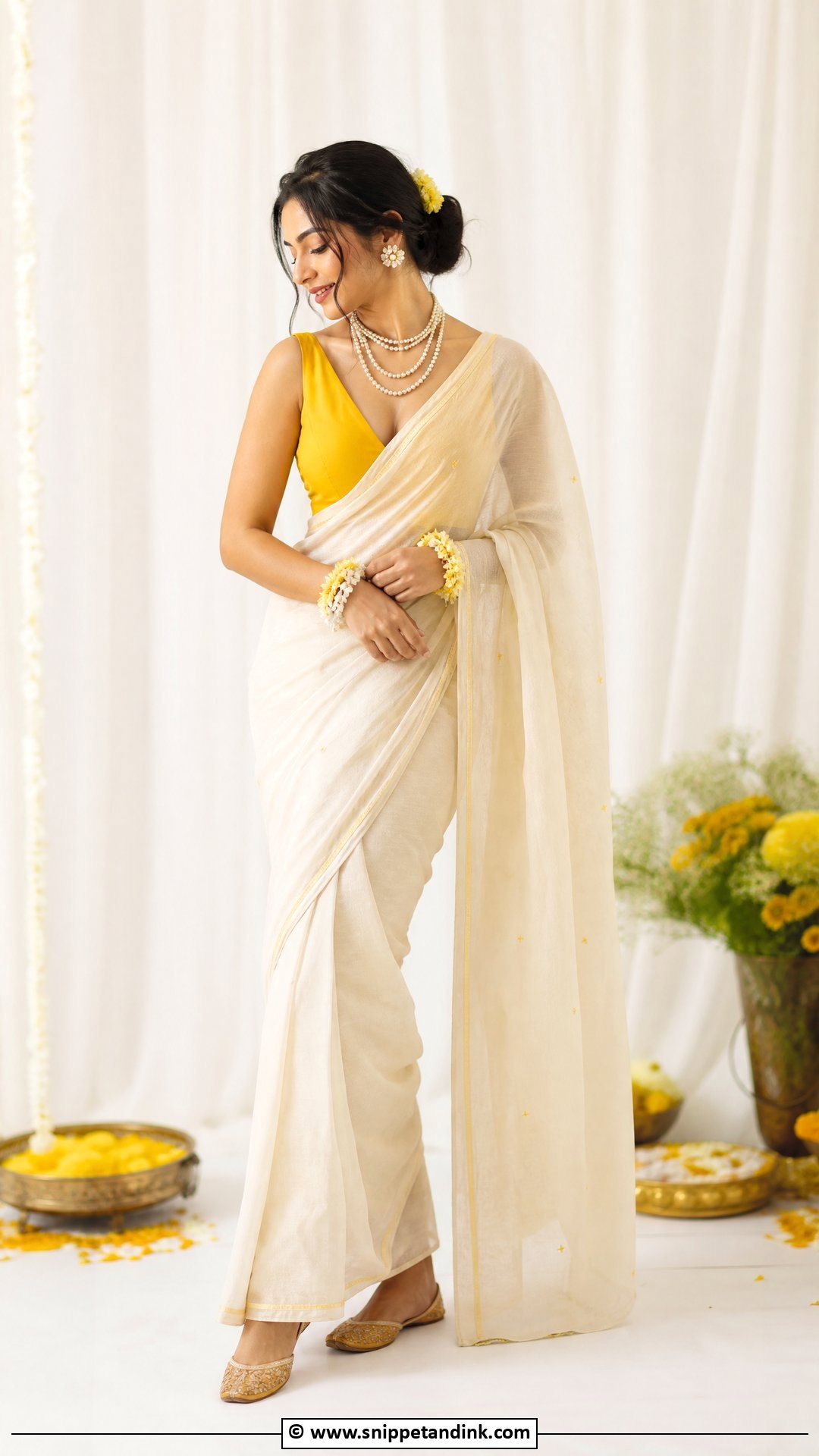 Ivory Saree With Yellow Blouse Haldi Outfit - Snippet and Ink - 35 Haldi Outfit Ideas