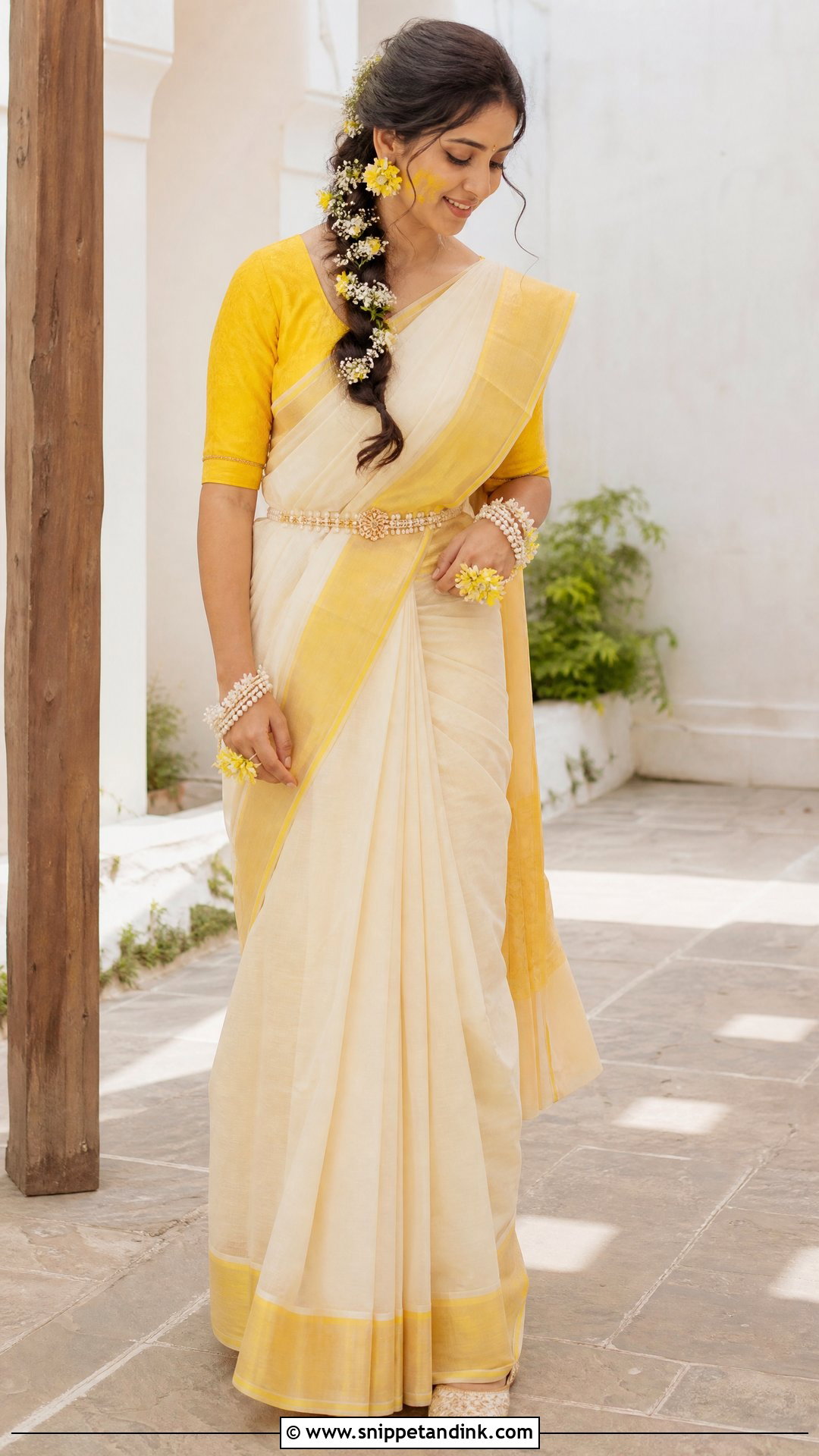 Ivory Saree With Yellow Border Haldi Outfit - Snippet and Ink - 20 Haldi Clothes for Bride Ideas