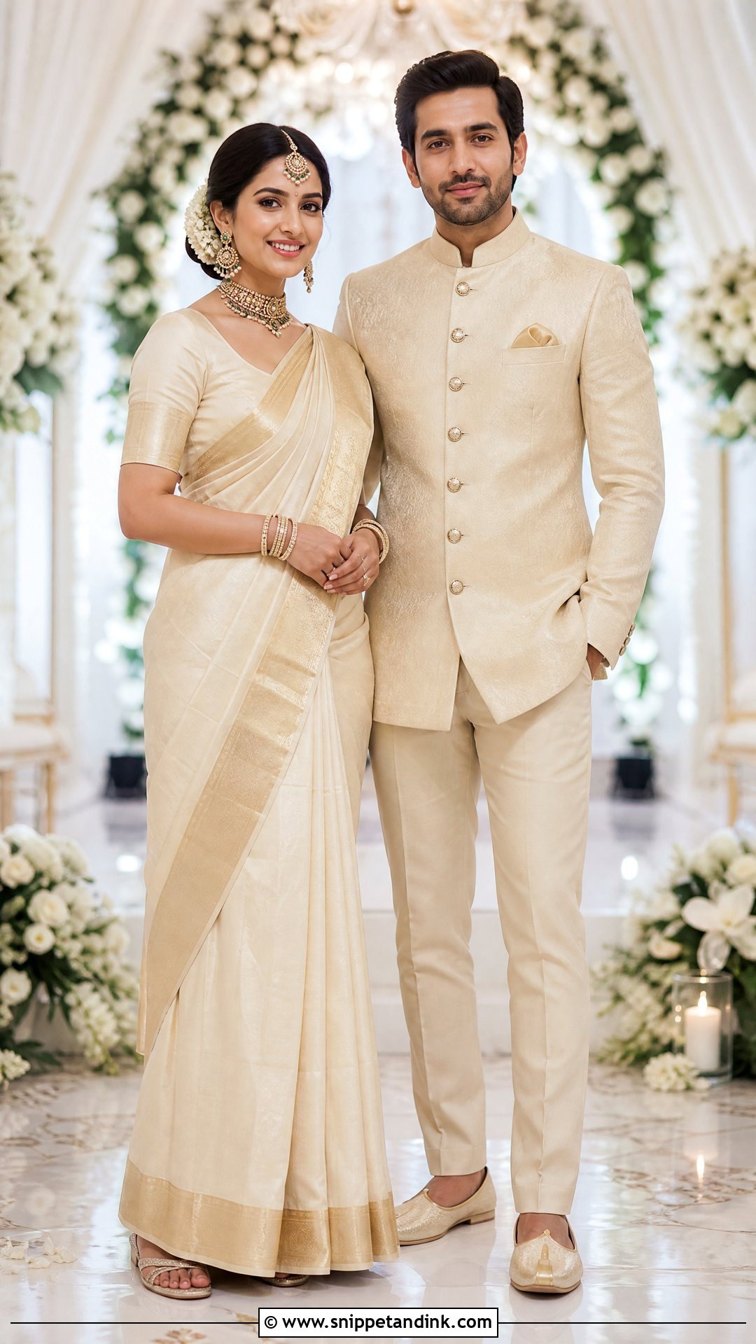 Ivory Sari And Bandhgala Wedding Outfit - Snippet and Ink - 25 Wedding Outfits for Couples