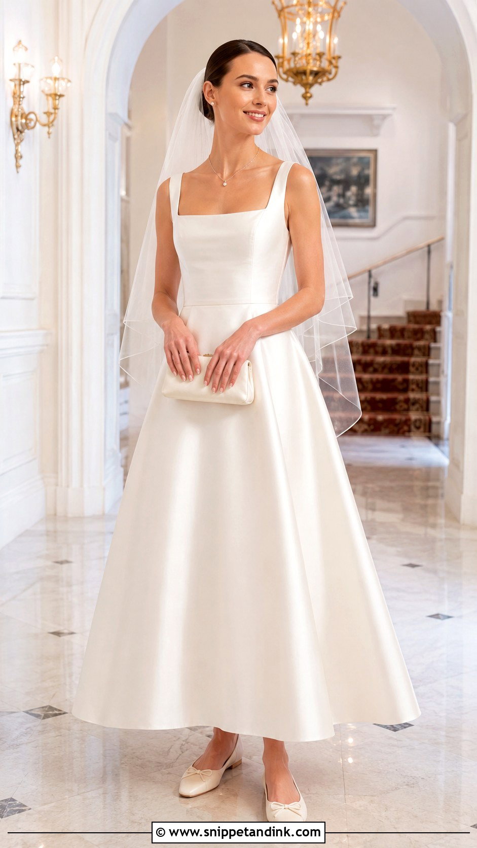 Ivory Satin Bridal Ballet Flats With A Line Gown - Snippet and Ink - 20 Bridal Ballet Flats Ideas