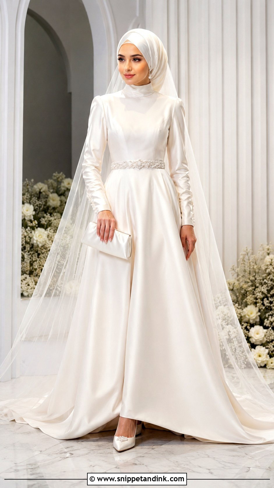 Ivory Satin Gown Hijab Dulhan Look - Snippet and Ink - 20 Hijab Dulhan Ideas
