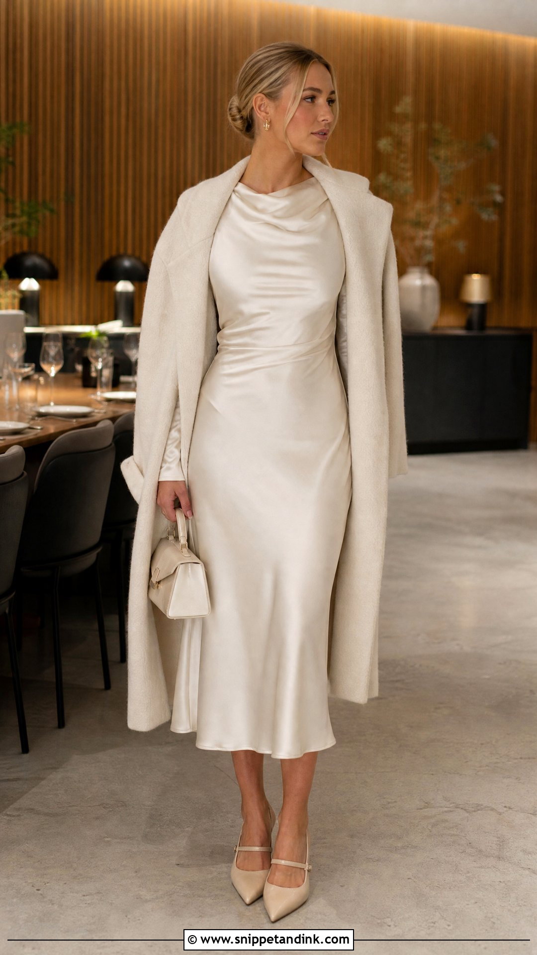 Ivory Satin Long Sleeve Rehearsal Dinner Dress - Snippet and Ink - 20 Winter Rehearsal Dinner Dress Ideas