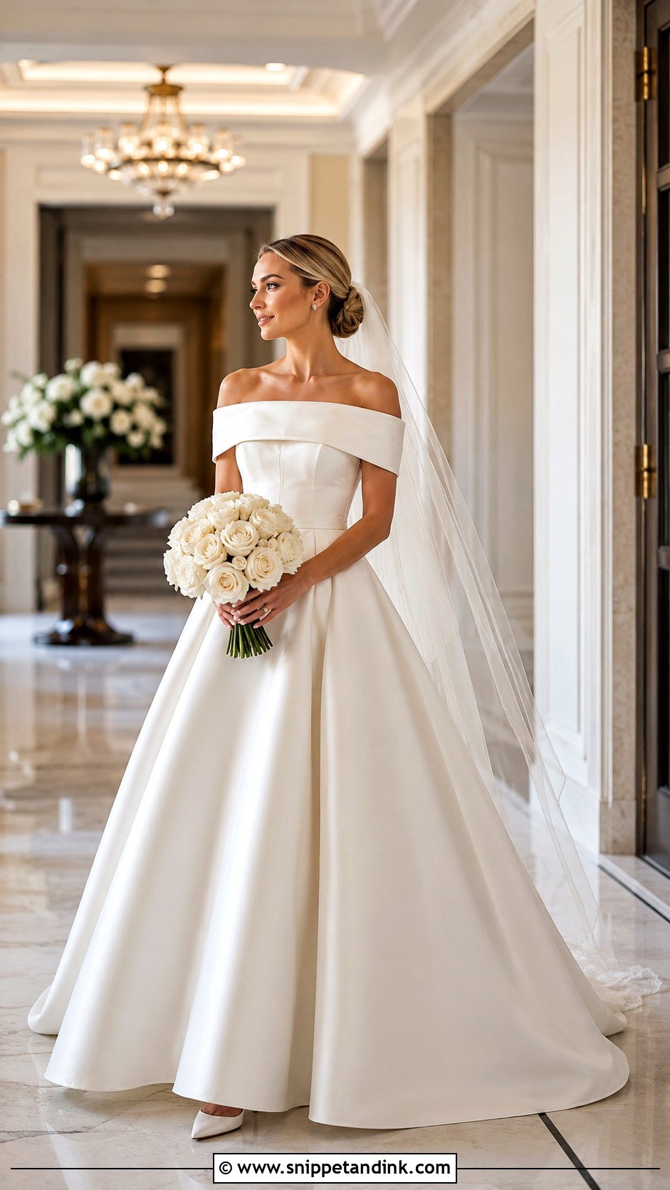 Ivory Satin Off the Shoulder Wedding Dress - Snippet and Ink - 20 Ivory Satin Wedding Dress Ideas