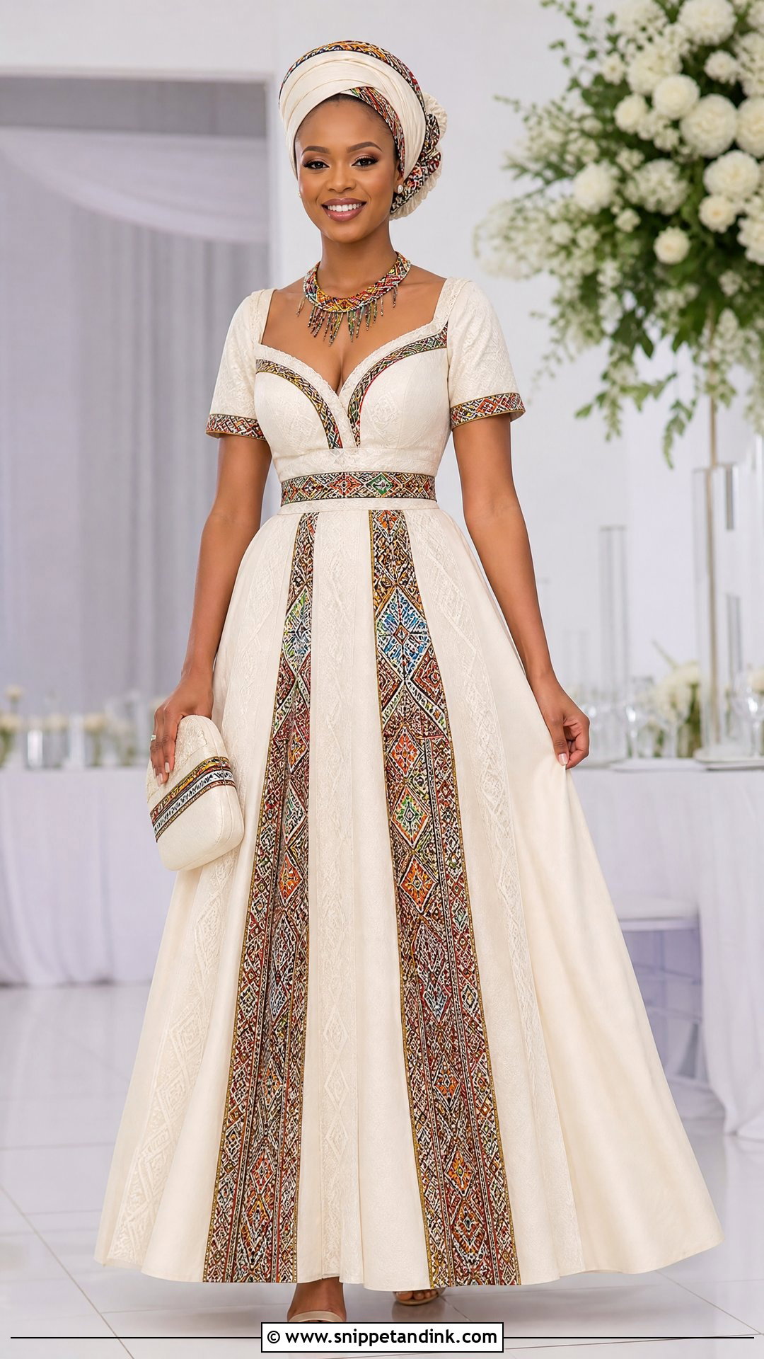 Ivory Sepedi Wedding Dress With Printed Panels - Snippet and Ink - 25 Sepedi Traditional Wedding Dresses