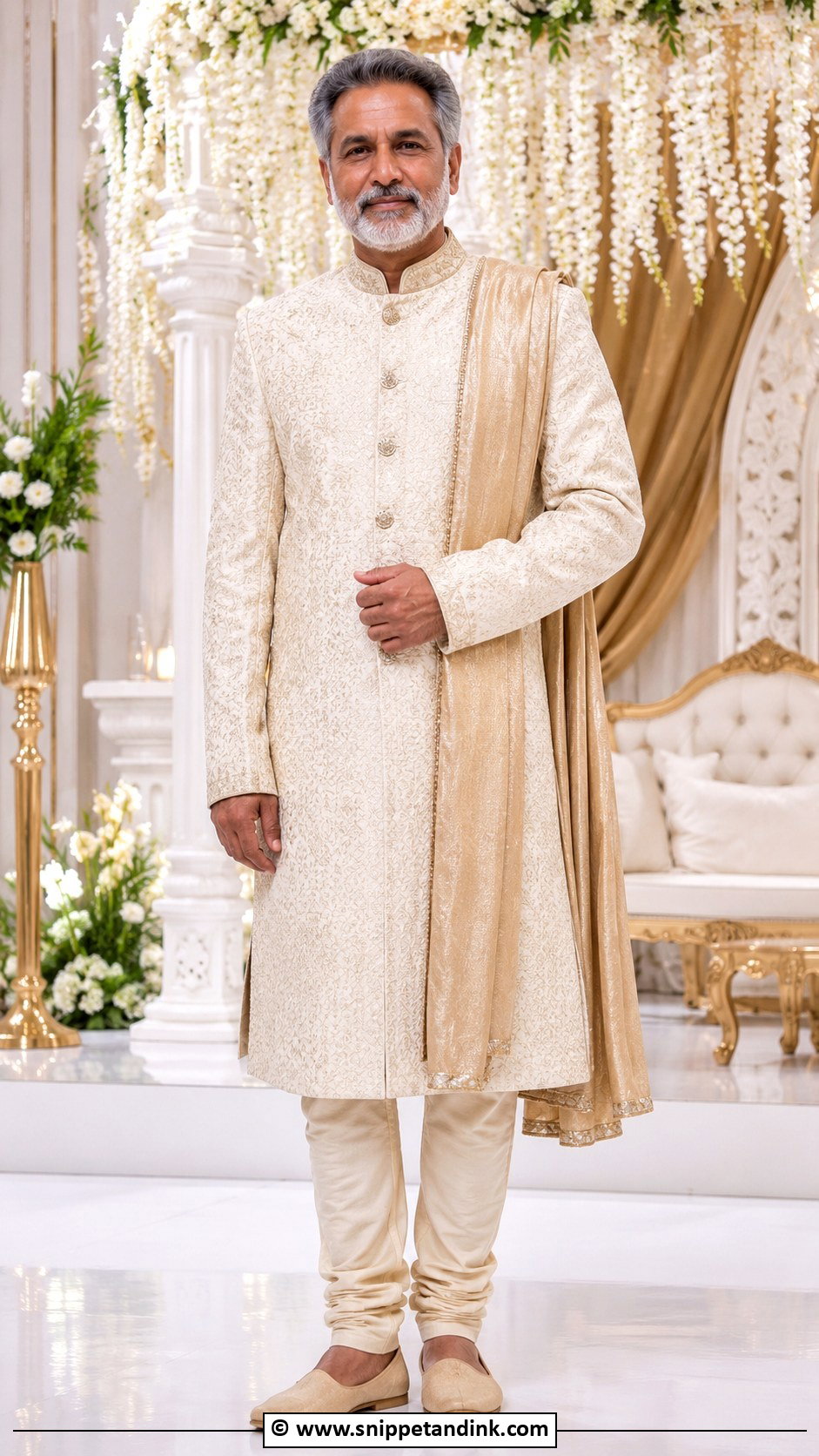 Ivory Sherwani With Churidar - Snippet and Ink - 25 Indian Bride's Father Outfit Ideas