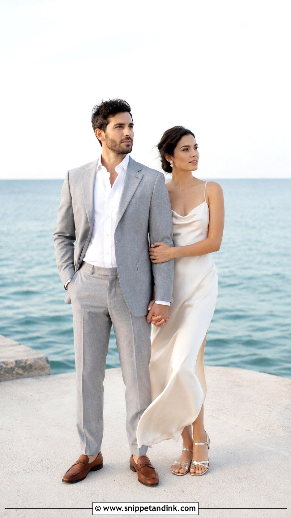 Ivory Slip Dress And Light Gray Suit - Snippet and Ink - 20 Beach Pre Wedding Shoot Outfit Ideas
