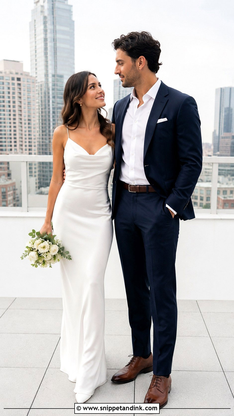 Ivory Slip Dress And Navy Suit Wedding Couple Outfit - Snippet and Ink - 25 Wedding Couple Outfits