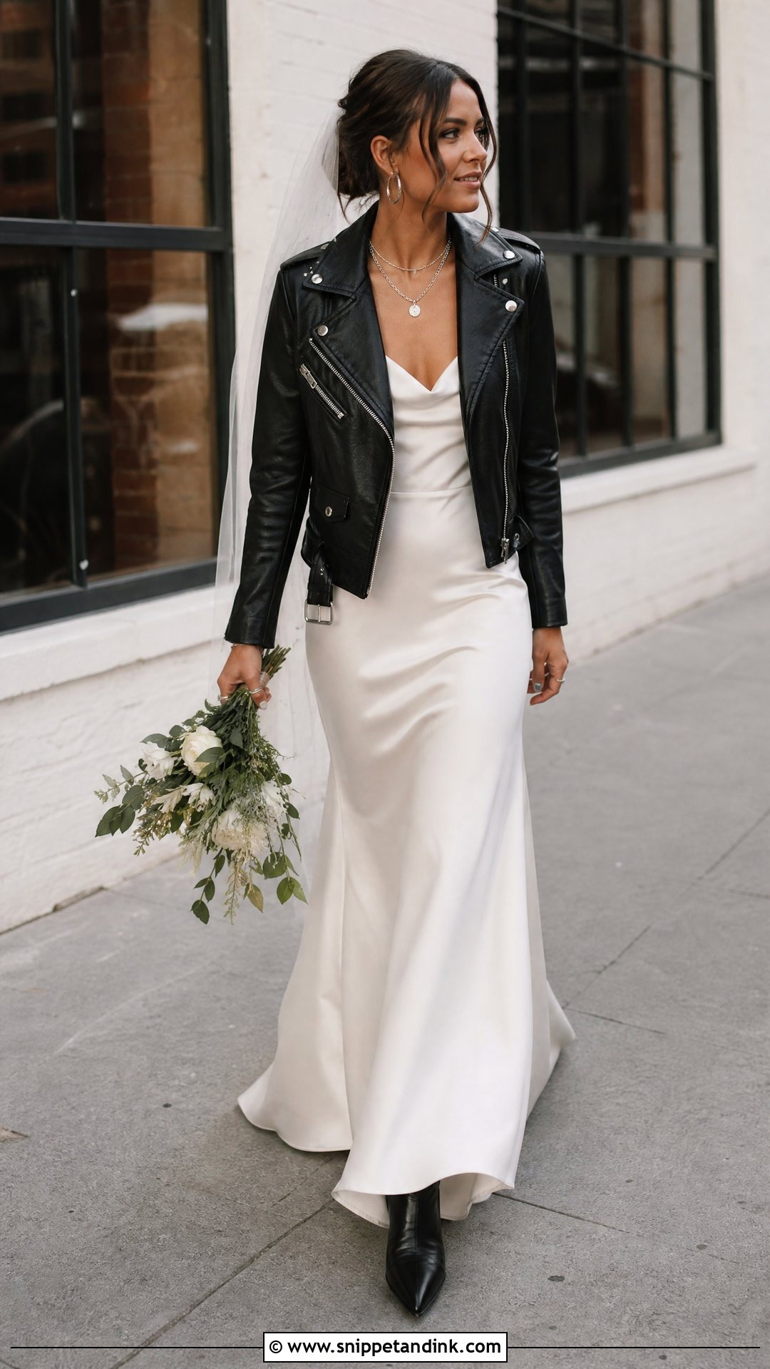 Ivory Slip Wedding Dress With Leather Jacket - Snippet and Ink - 20 Rock and Roll Wedding Dress Ideas