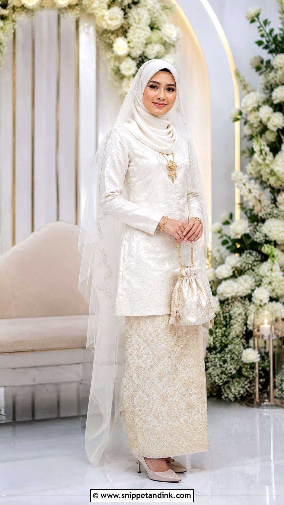 Ivory Songket Baju Kurung Wedding Dress - Snippet and Ink - 20 Malaysian Muslim Wedding Dress Ideas