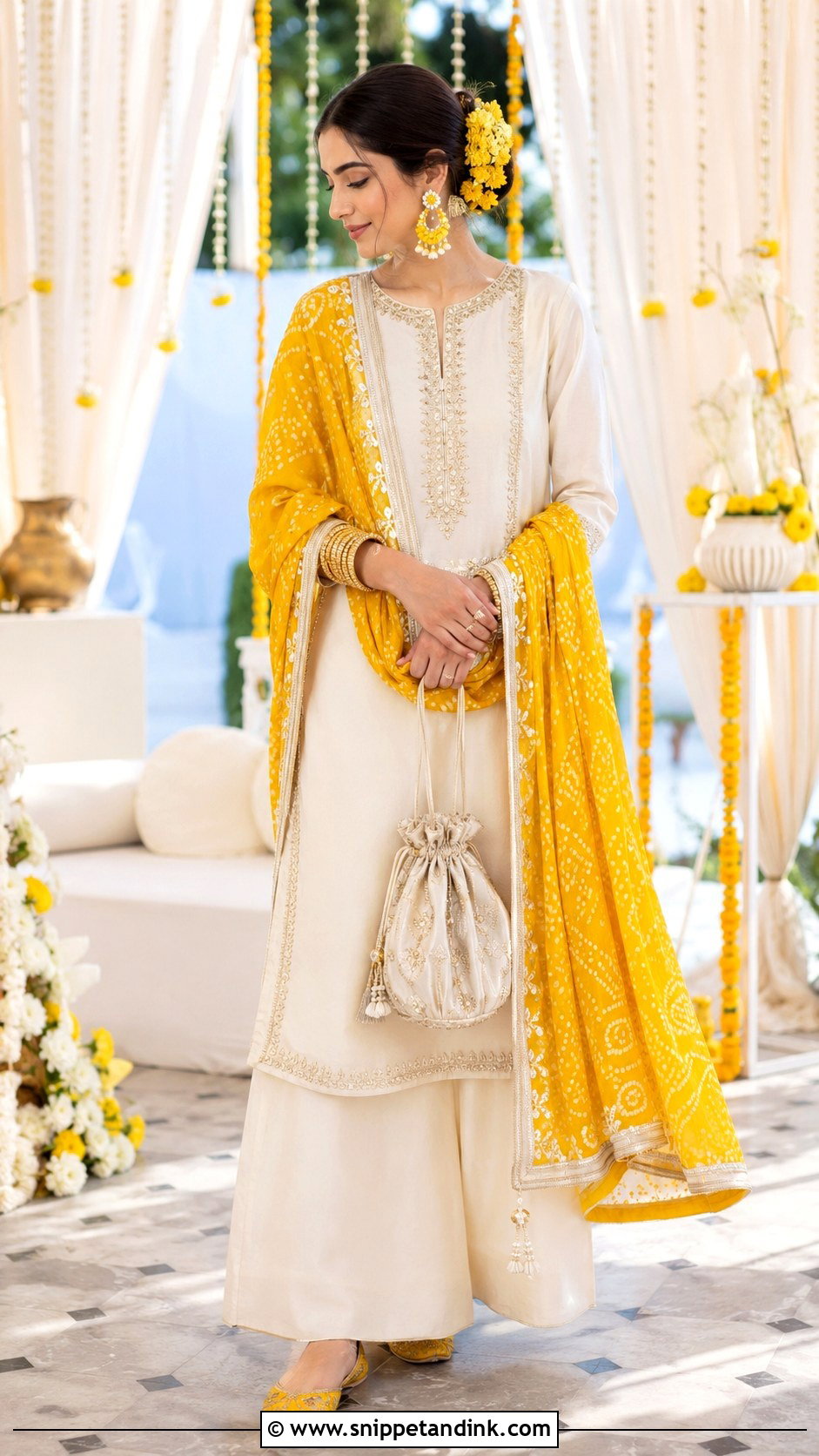 Ivory Suit With Yellow Dupatta For Haldi - Snippet and Ink - 20 Haldi Night Outfit Ideas