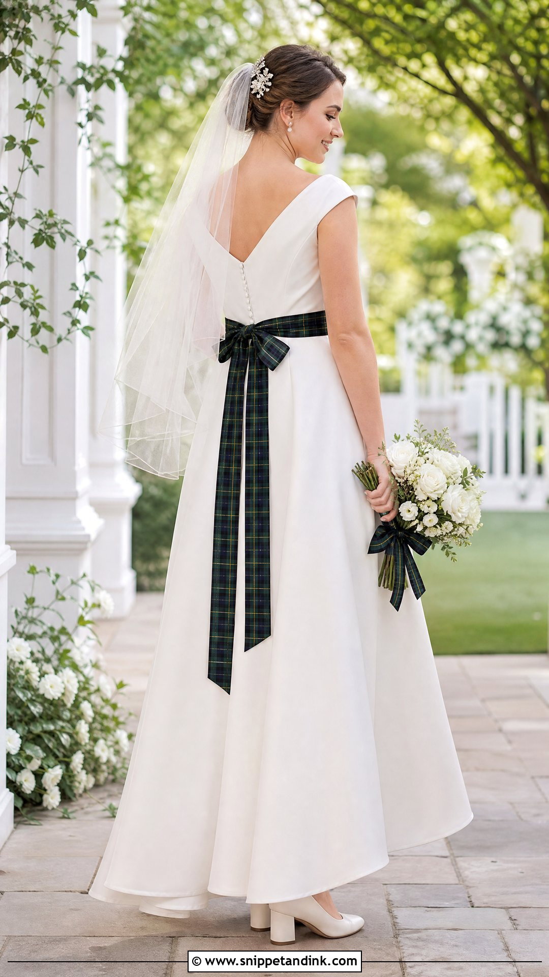 Ivory Tartan Wedding Dress With Waist Sash - Snippet and Ink - 20 Tartan Wedding Dress Ideas