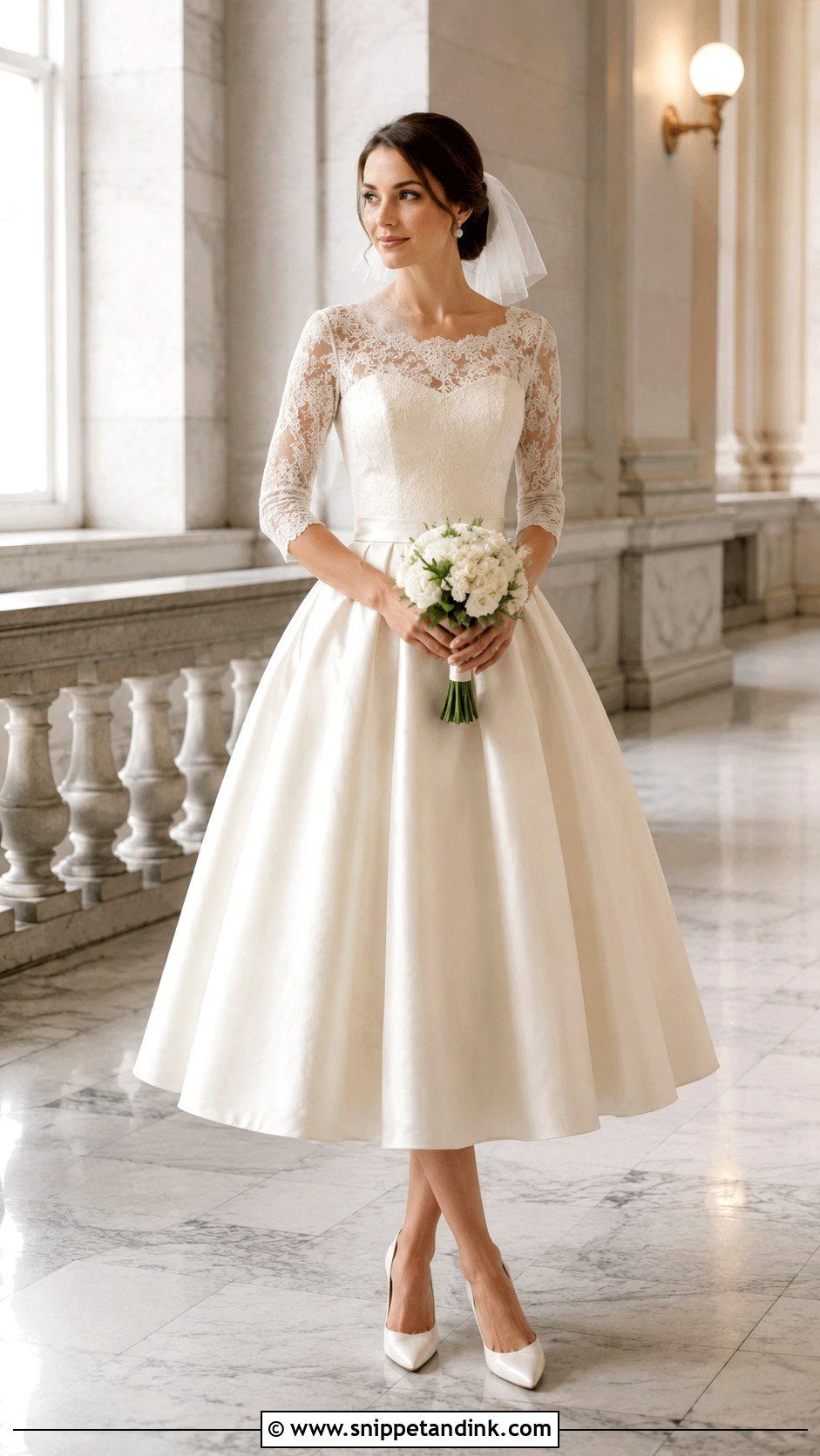 Ivory Tea Length Wedding Dress With Three Quarter Sleeves - Snippet and Ink - 20 Ivory Wedding Dress with Sleeves