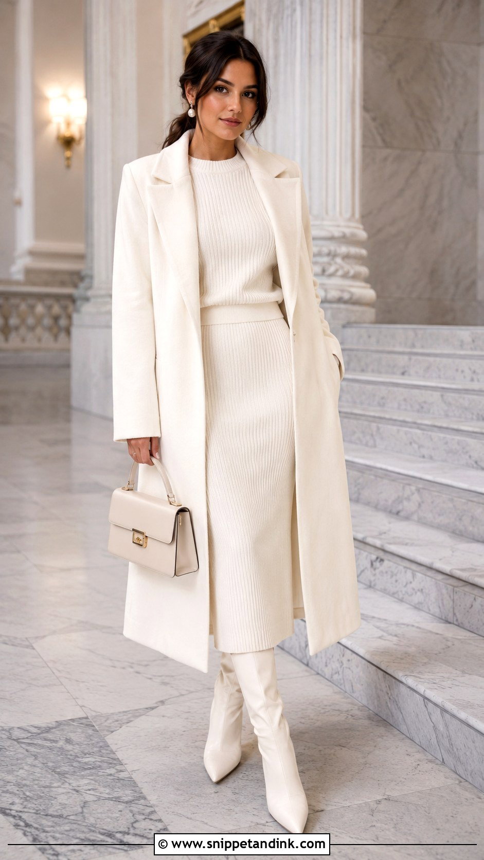 Ivory Two Piece Set With Long Coat - Snippet and Ink - 25 Winter Civil Wedding Outfit Ideas