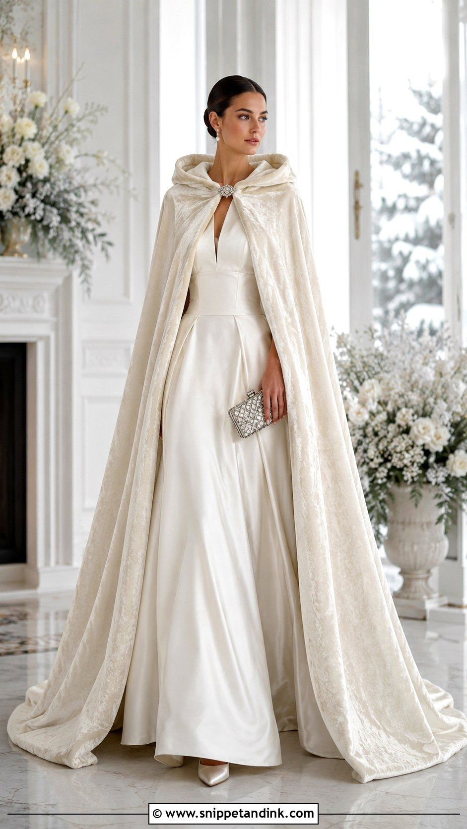 Ivory Velvet Hooded Wedding Cape With Satin Ball Gown - Snippet and Ink - 20 Wedding Cape with Hood Ideas