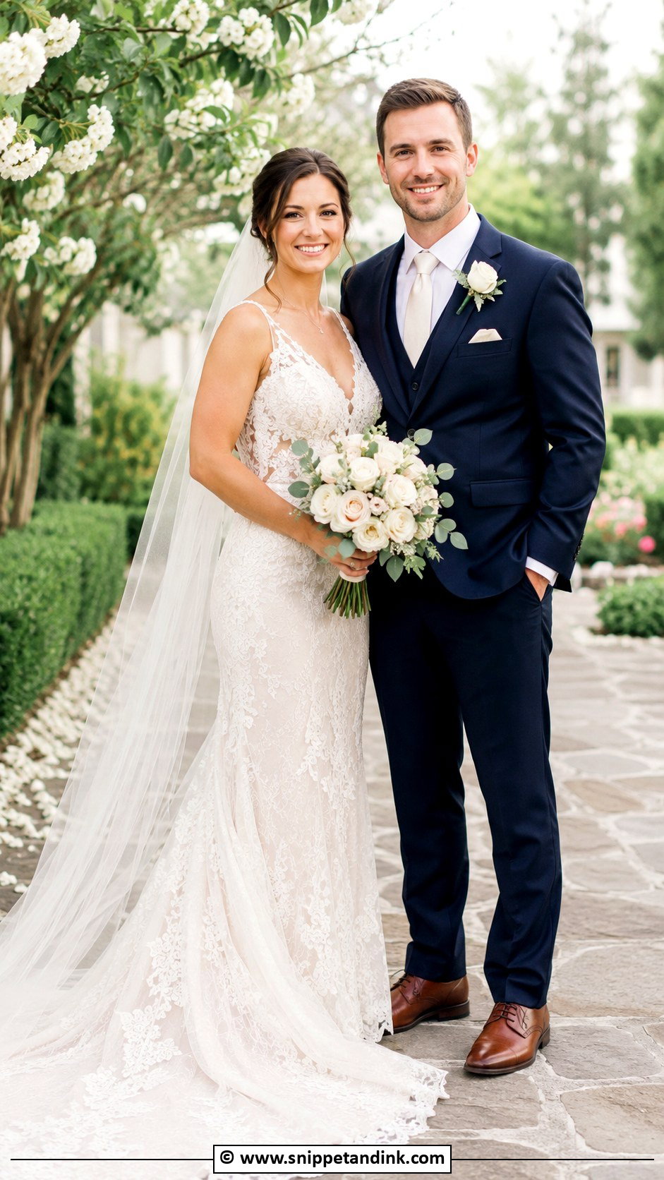 Ivory Wedding Dress And Navy Suit - Snippet and Ink - 30 Couple Wedding Dress Ideas