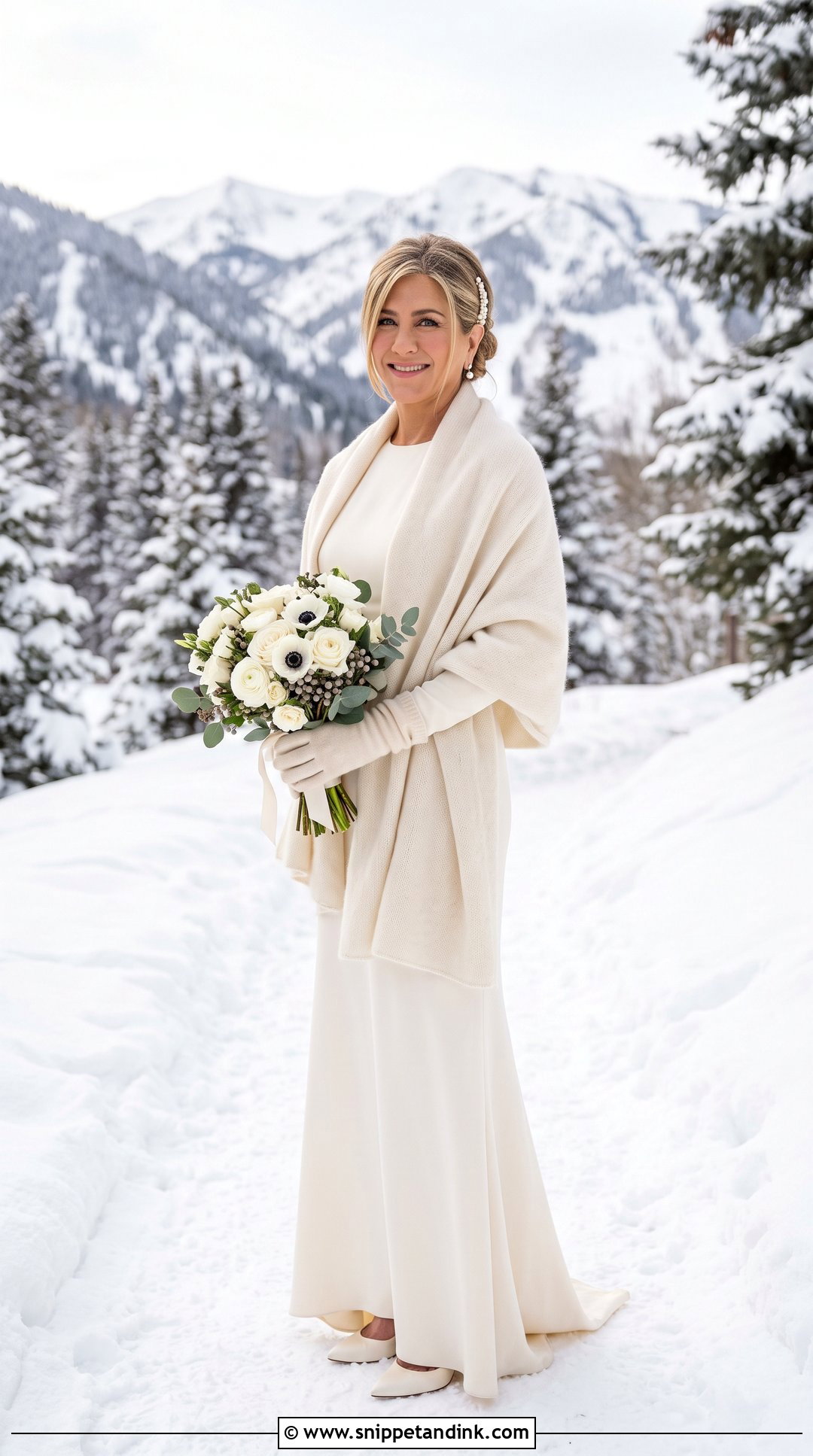 Ivory Wedding Dress With Bridal Shawl - Snippet and Ink - 20 Jennifer Aniston Wedding Dress Ideas