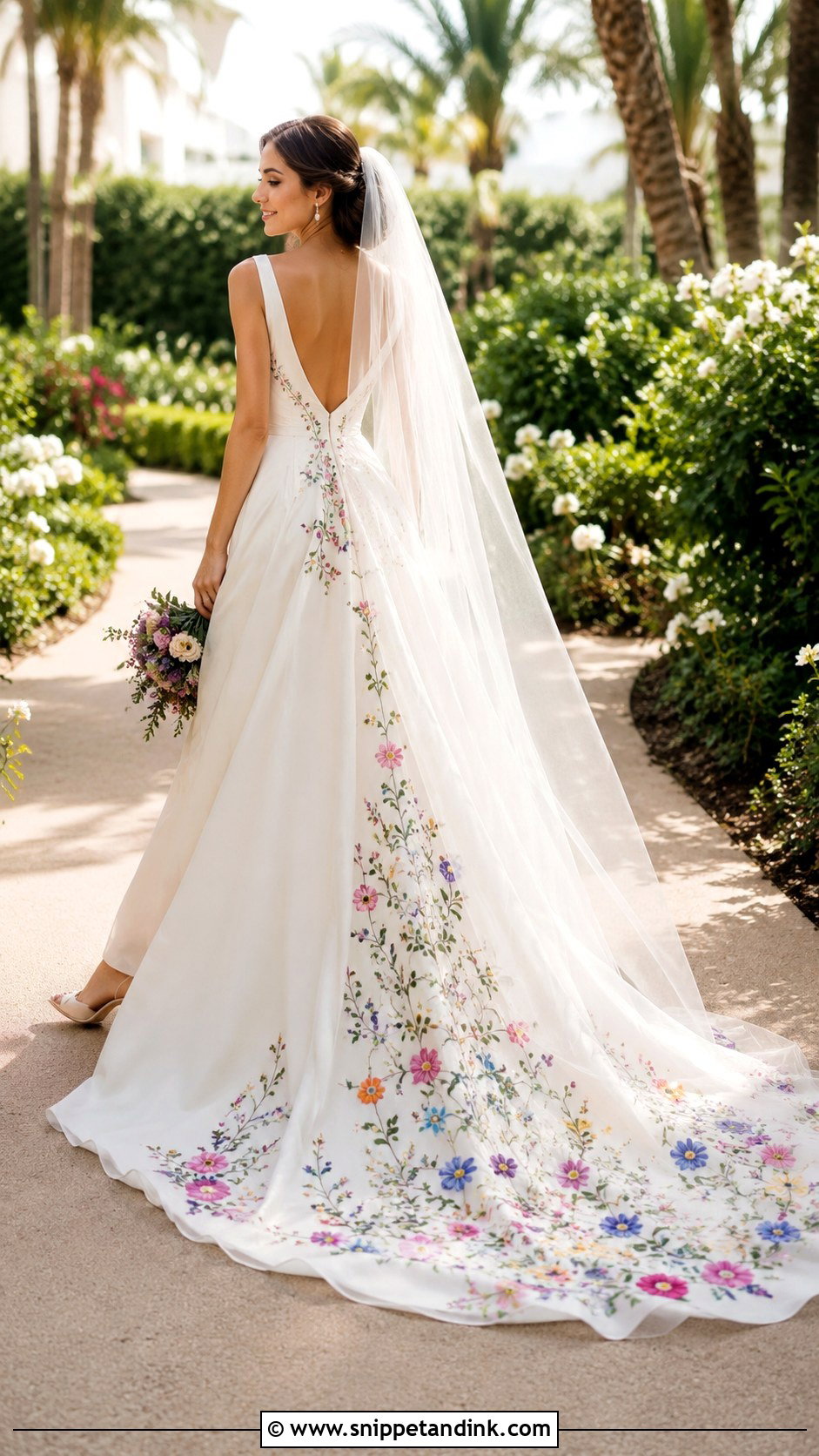 Ivory Wedding Dress With Colorful Floral Train - Snippet and Ink - 25 Wedding Dresses with Color