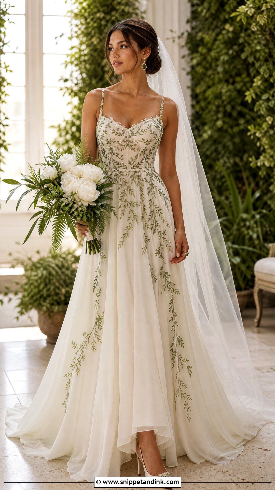 Ivory Wedding Dress With Green Vine Applique - Snippet and Ink - 20 Wedding Dress with Green Accents Ideas