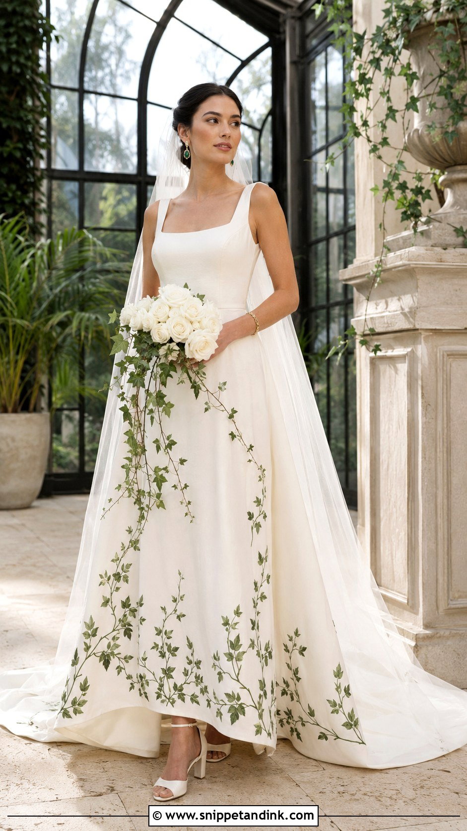 Ivory Wedding Dress With Green Vine Embroidery - Snippet and Ink - 20 White and Green Wedding Dress Ideas