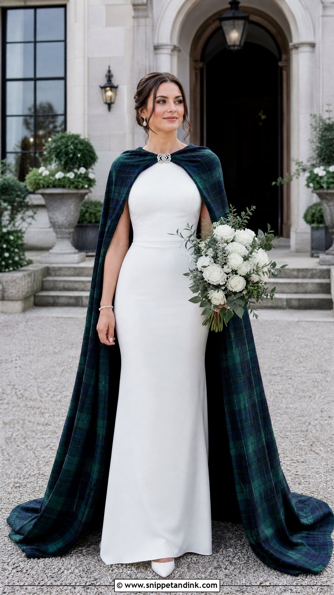 Ivory Wedding Dress With Tartan Cape - Snippet and Ink - 20 Tartan Wedding Dress Ideas