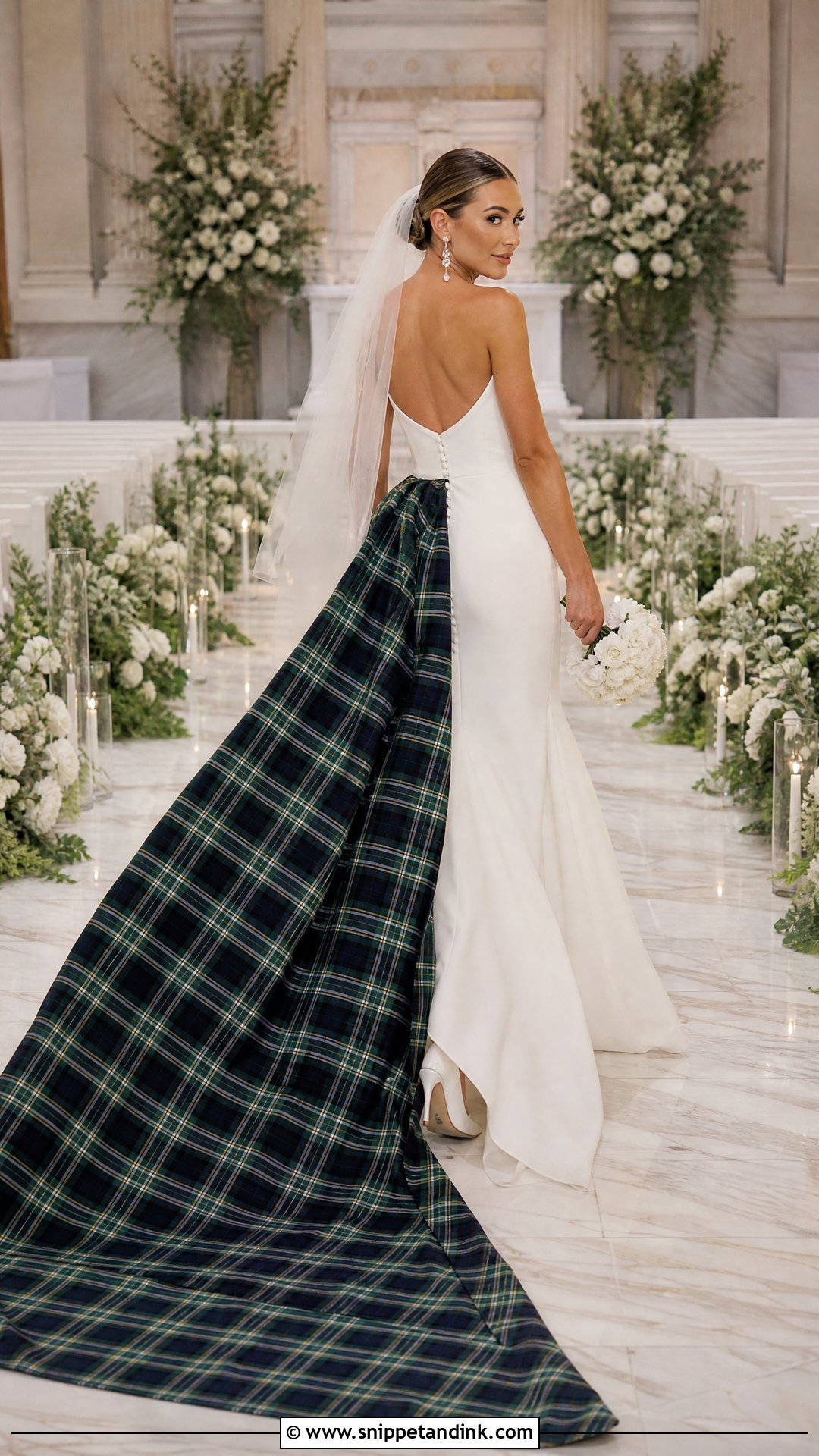 Ivory Wedding Dress With Tartan Train - Snippet and Ink - 20 Tartan Wedding Dress Ideas