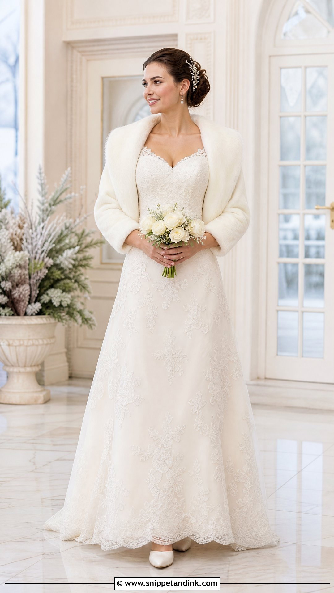 Ivory Wedding Fur Wrap With Lace Dress - Snippet and Ink - 20 Wedding Fur Ideas