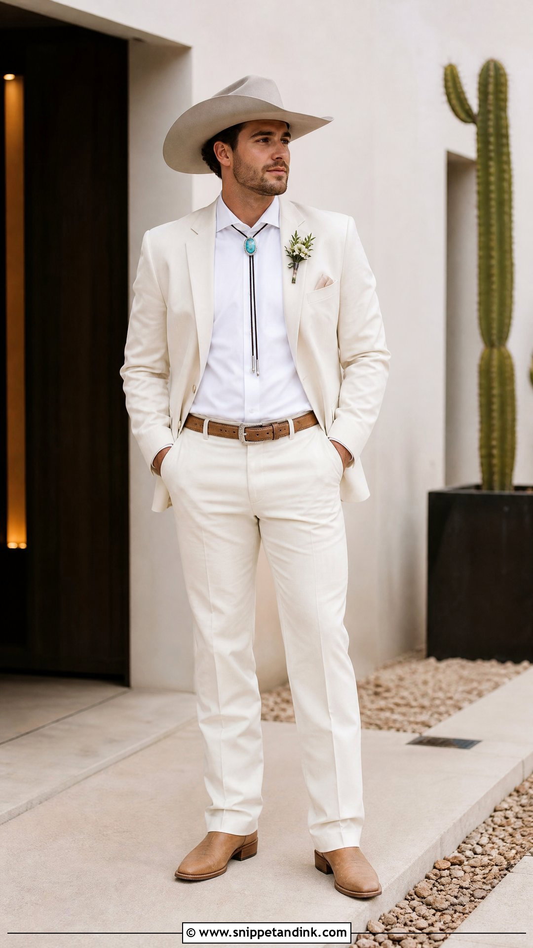 Ivory Western Wedding Suit With Turquoise Bolo Tie - Snippet and Ink - 20 Western Wedding Suit Ideas