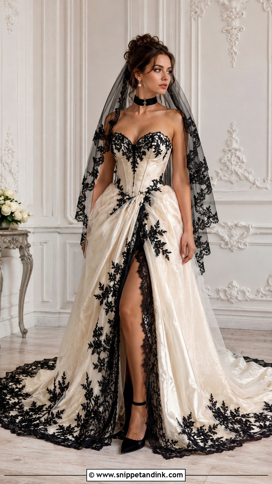 Ivory Witchy Wedding Dress With Black Lace - Snippet and Ink - 30 Witchy Wedding Dress Ideas
