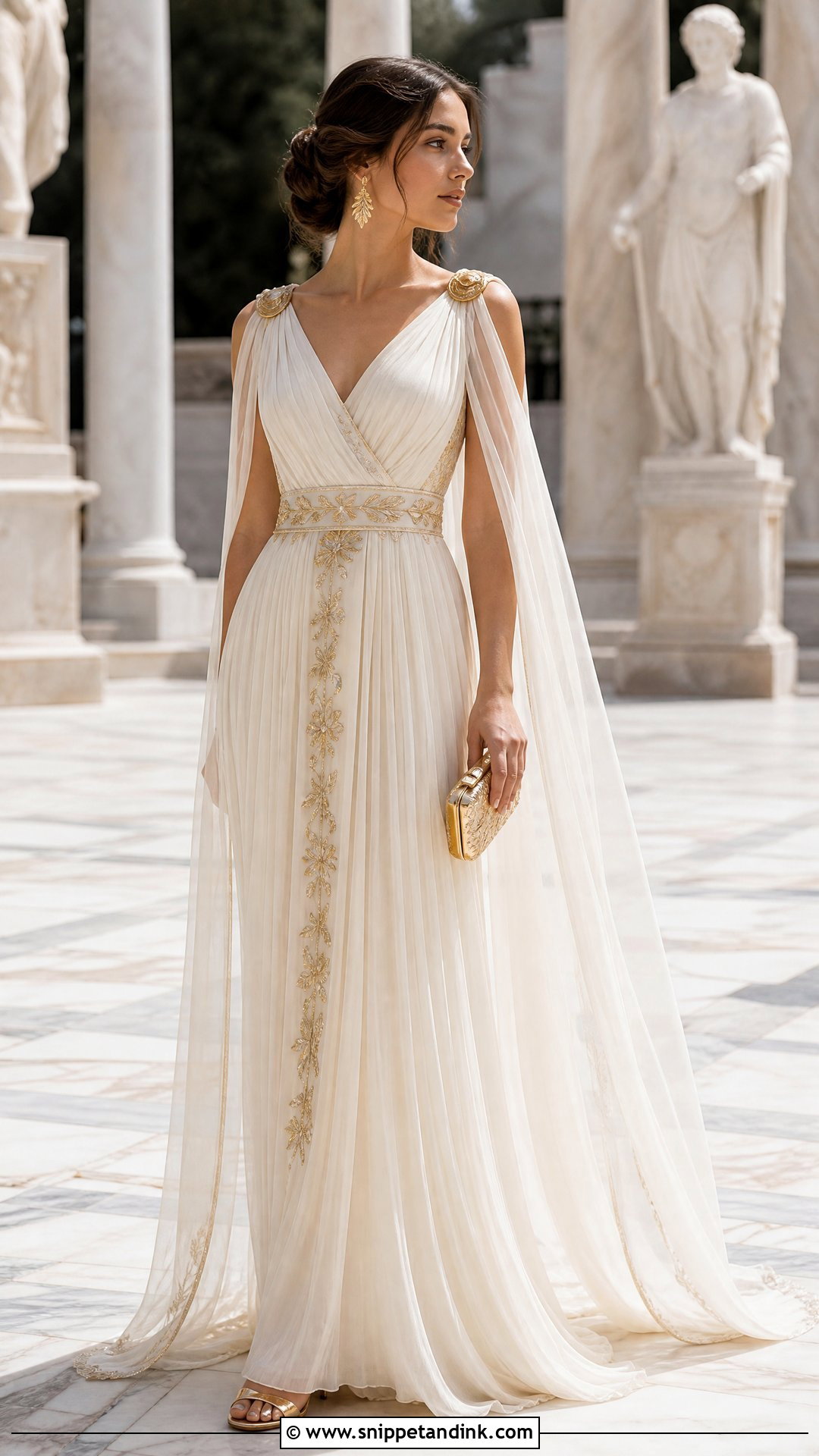 Ivory and Gold Ancient Greek Wedding Dress With a Cape Veil - Snippet and Ink - 25 Ancient Greek Wedding Dress Ideas