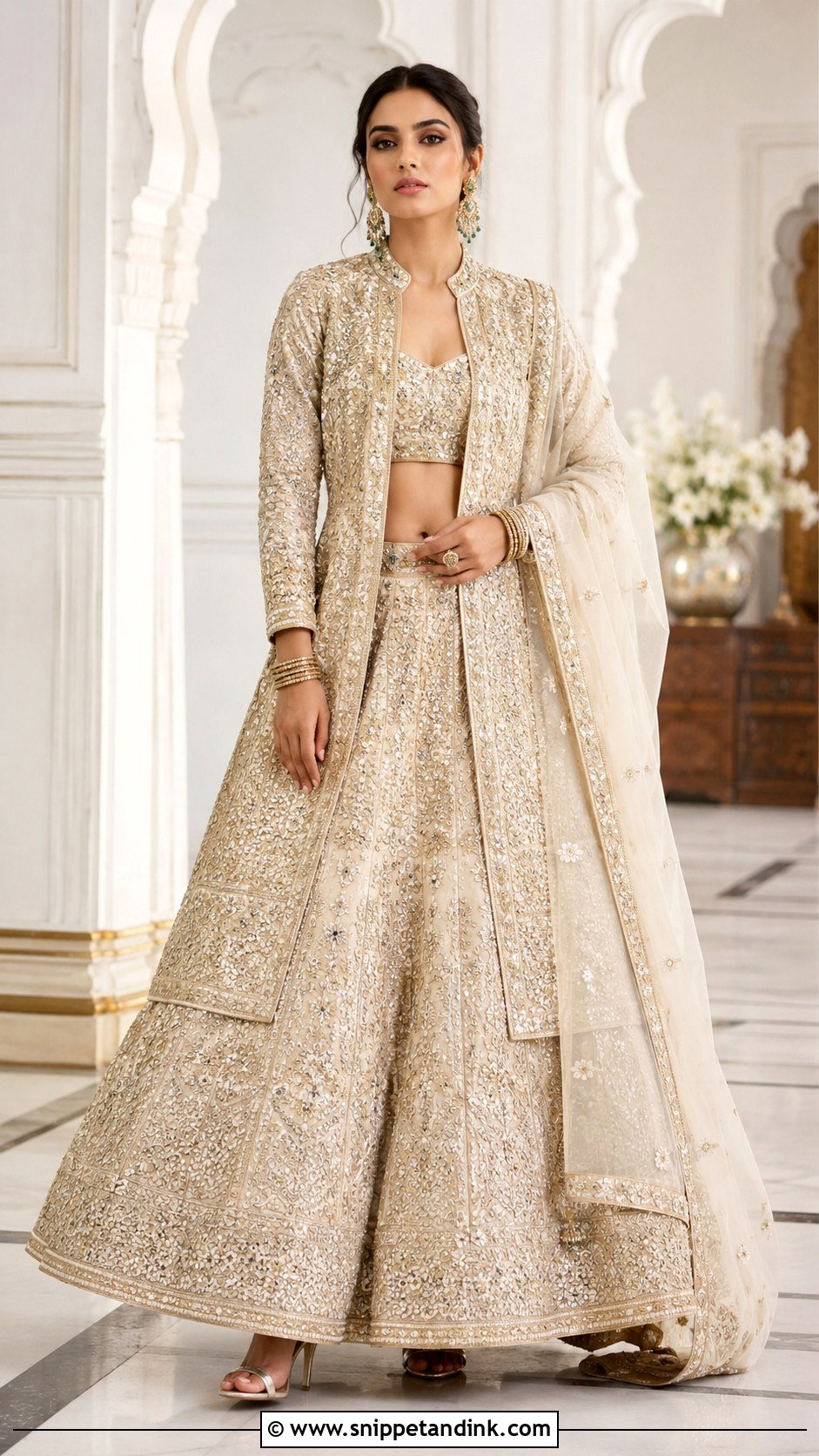 Jacket Bridal Lehenga With Statement Earrings - Snippet and Ink - 25 Indian Weddings Bridal Lehnga Dress Ideas