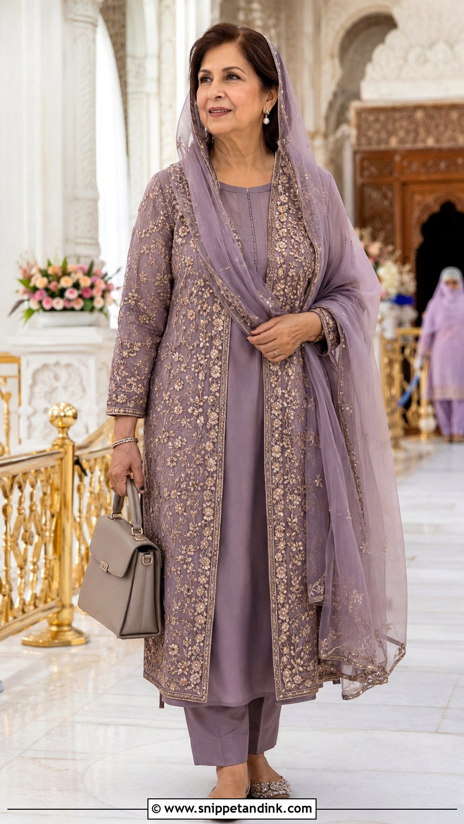 Jacket Kurta Outfit For Mature Women At Gurdwara Wedding - Snippet and Ink - 20 Gurdwara Wedding Outfit Ideas
