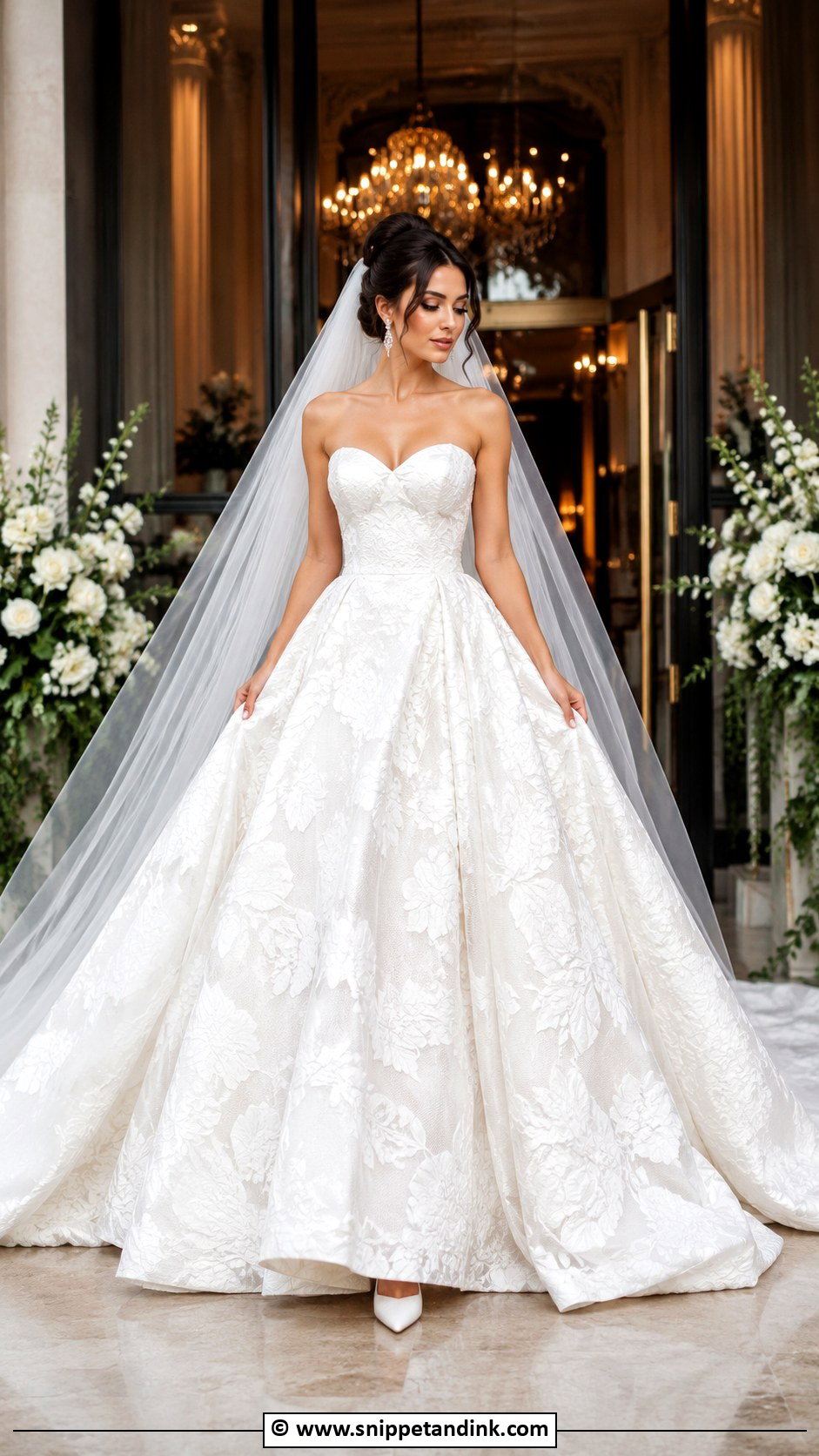 Jacquard Ball Gown Wedding Dress With Cathedral Veil - Snippet and Ink - 25 Jacquard Wedding Dress Ideas