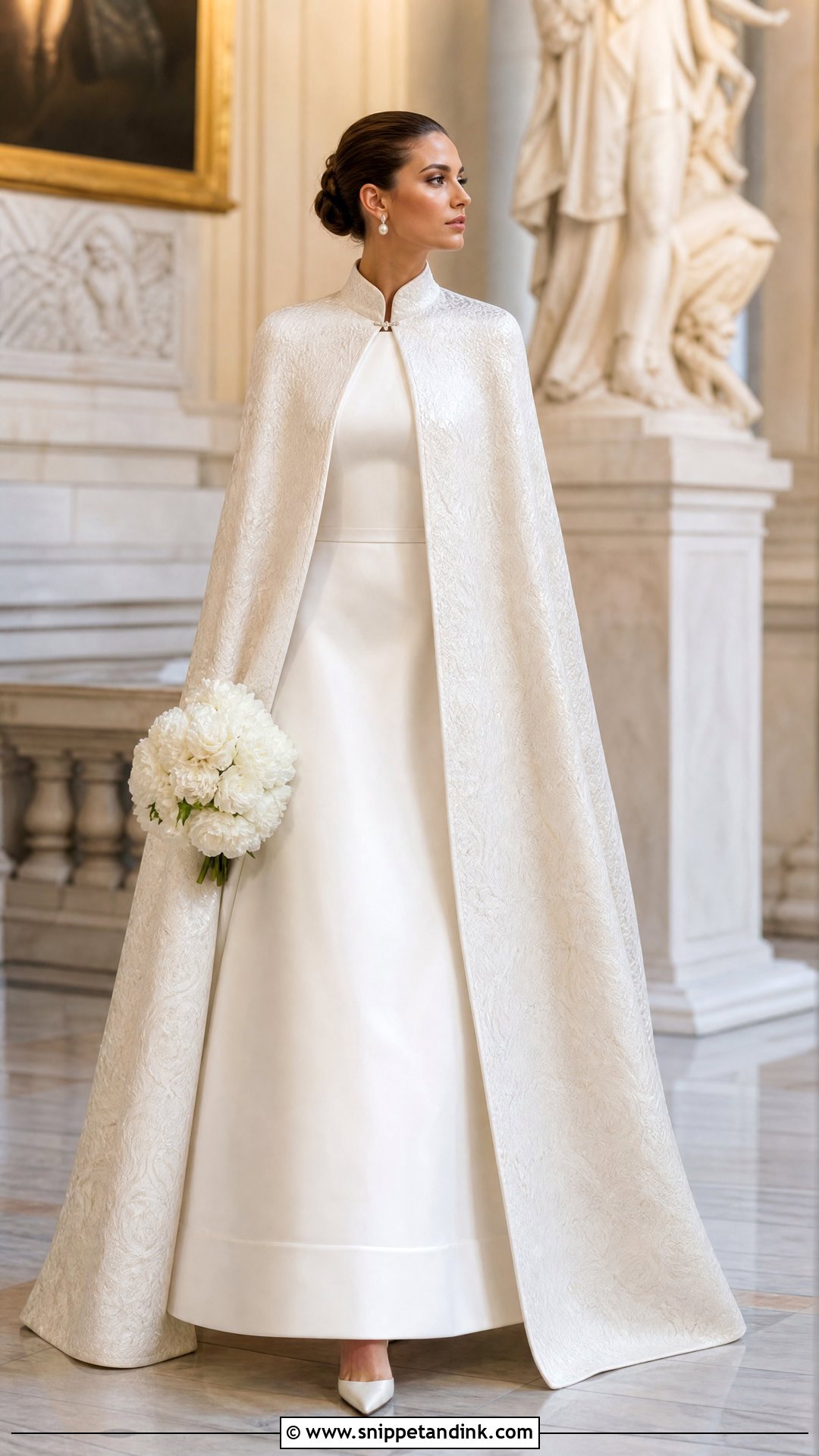 Jacquard Bridal Cape With Mikado A Line Dress - Snippet and Ink - 20 Winter Bridal Cape Ideas