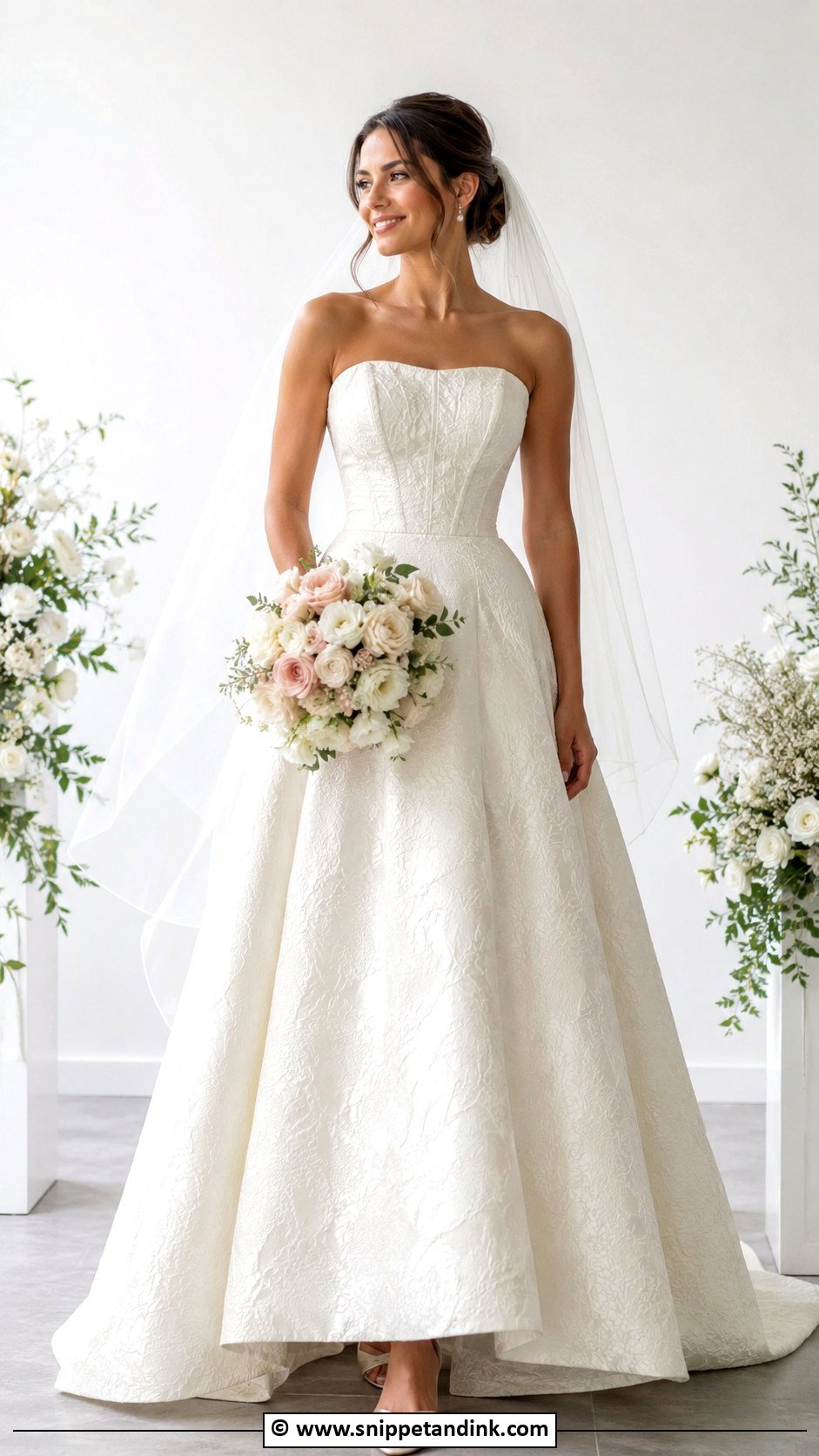 Jacquard Corset Wedding Dress With Simple Veil - Snippet and Ink - 25 Jacquard Wedding Dress Ideas