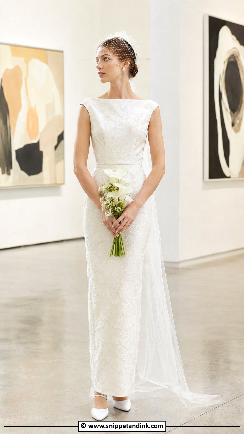 Jacquard Sheath Wedding Dress With Cap Veil - Snippet and Ink - 25 Jacquard Wedding Dress Ideas