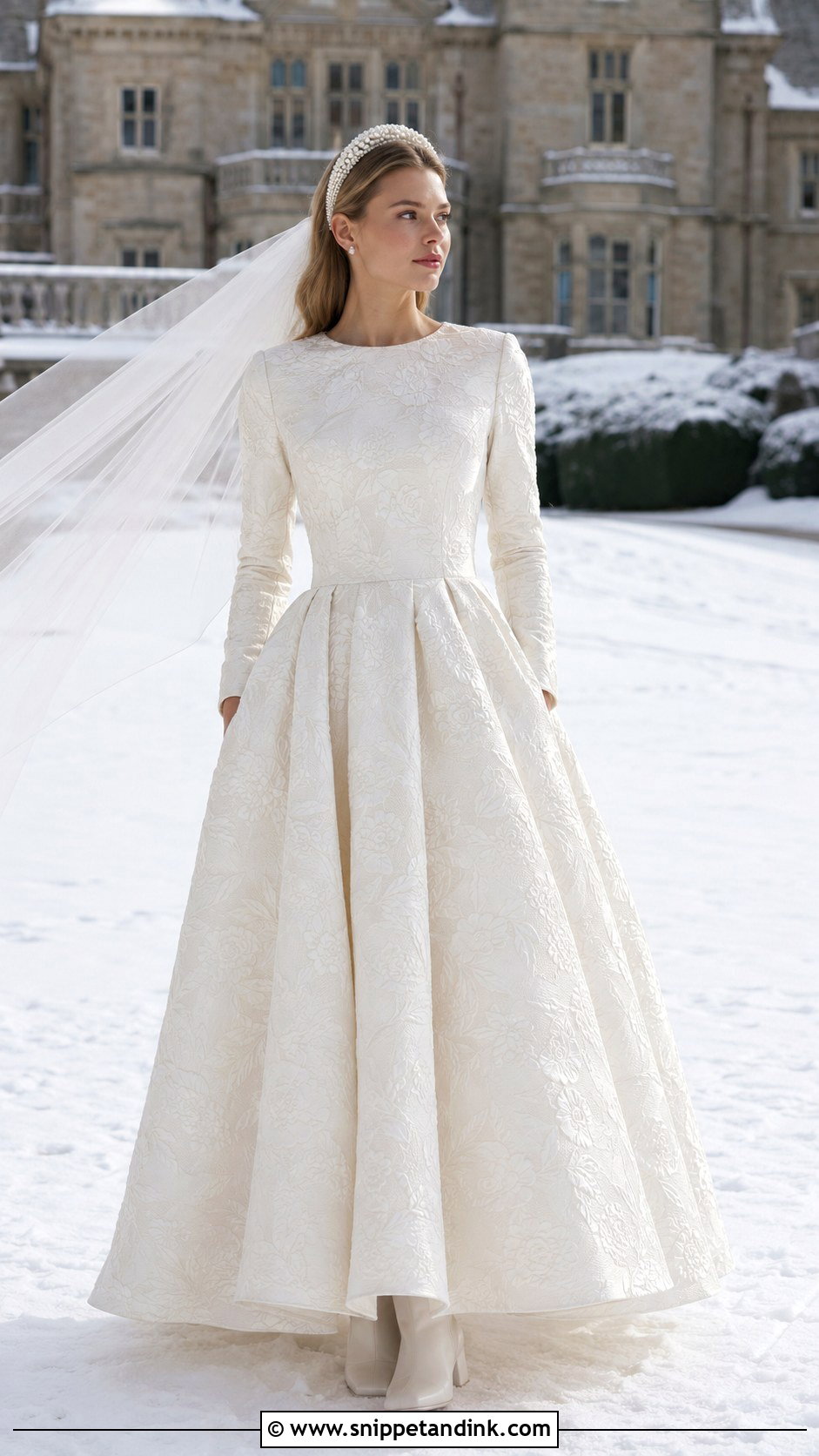 Jacquard Snow Wedding Dress With Pearl Headband - Snippet and Ink - 20 Snow Wedding Dress Ideas