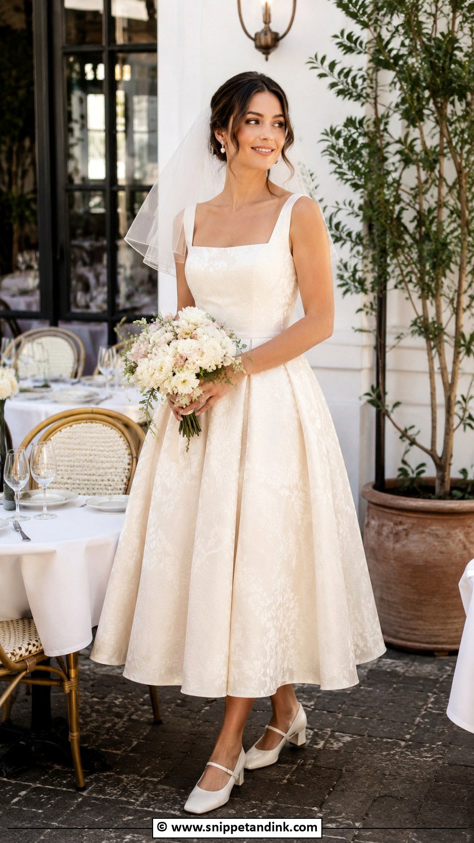 Jacquard Tea Length Wedding Dress With Mary Jane Heels - Snippet and Ink - 25 Jacquard Wedding Dress Ideas