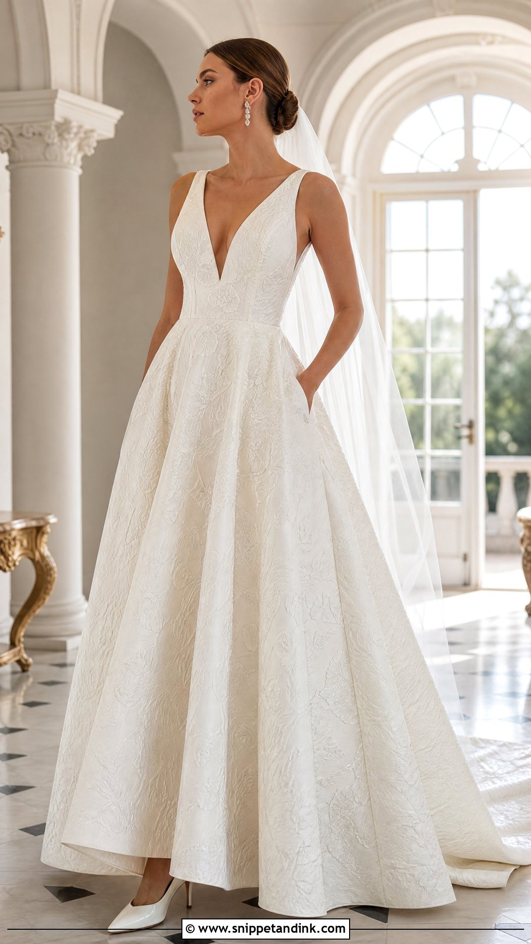 Jacquard V Neck Wedding Dress With Pockets - Snippet and Ink - 20 Wedding Dresses with Pockets