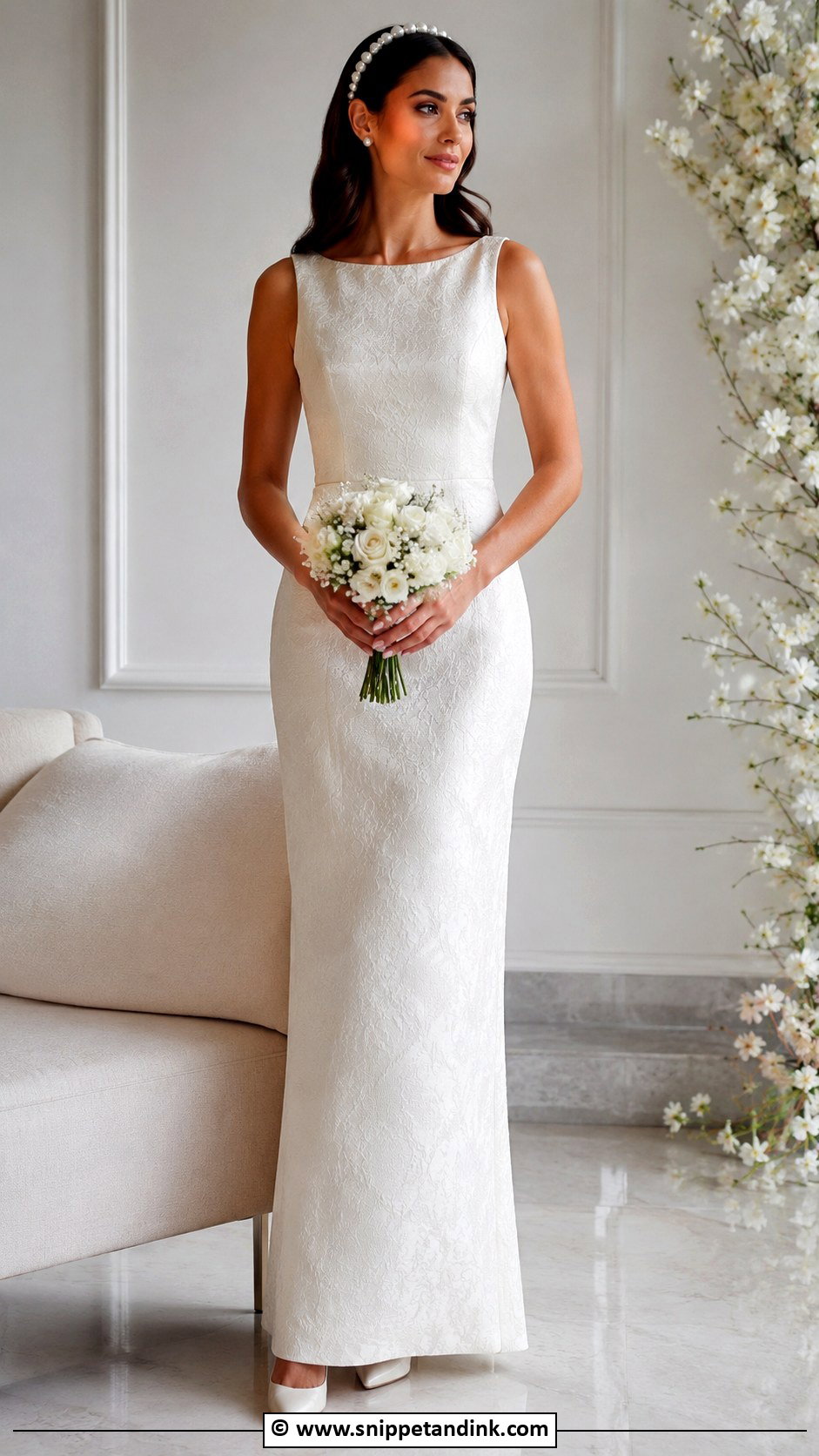 Jacquard Wedding Dress With Pearl Headband - Snippet and Ink - 25 Jacquard Wedding Dress Ideas