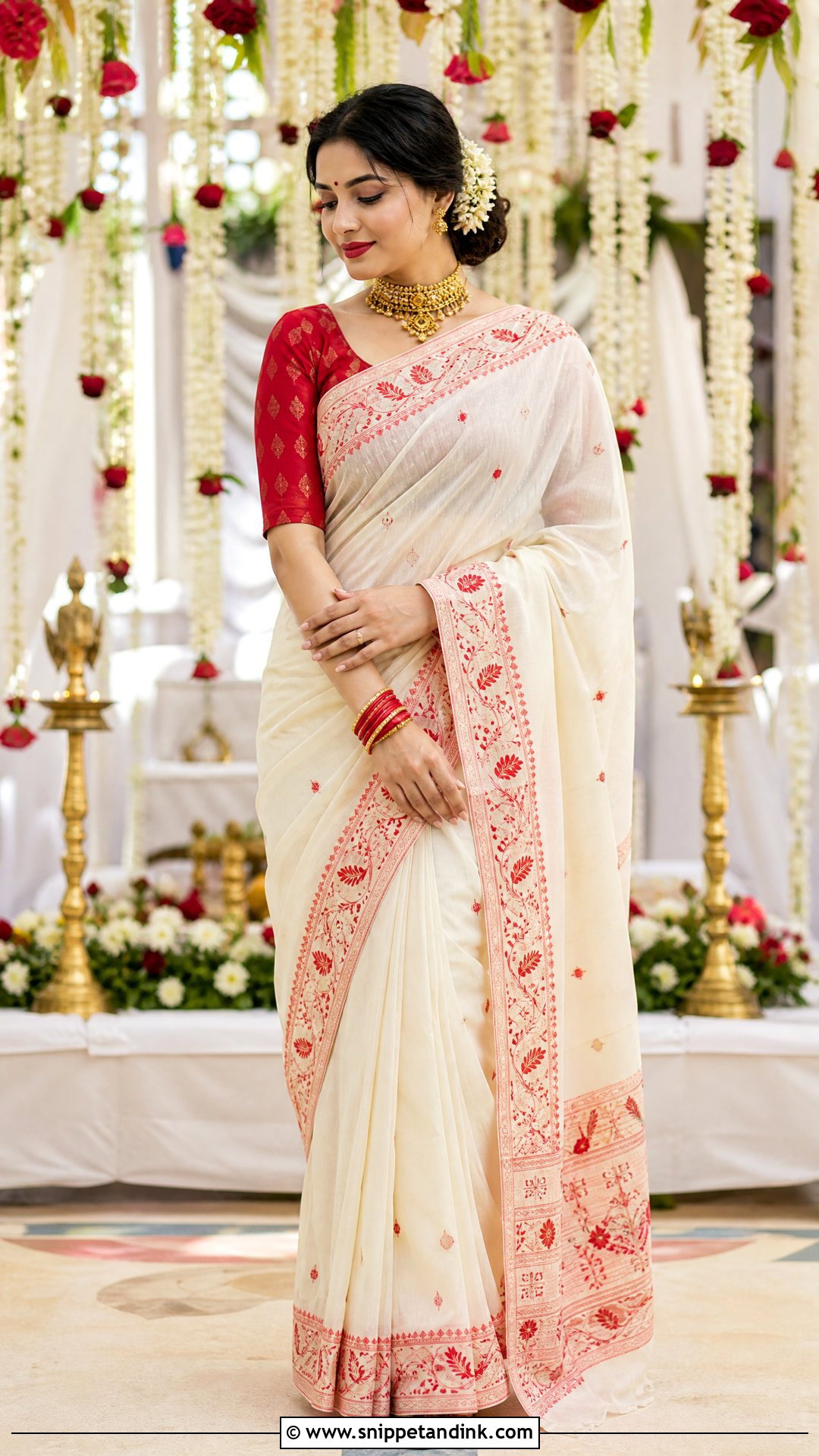 Jamdani Bride Saree With Red Blouse - Snippet and Ink - 25 Jamdani Bride Ideas