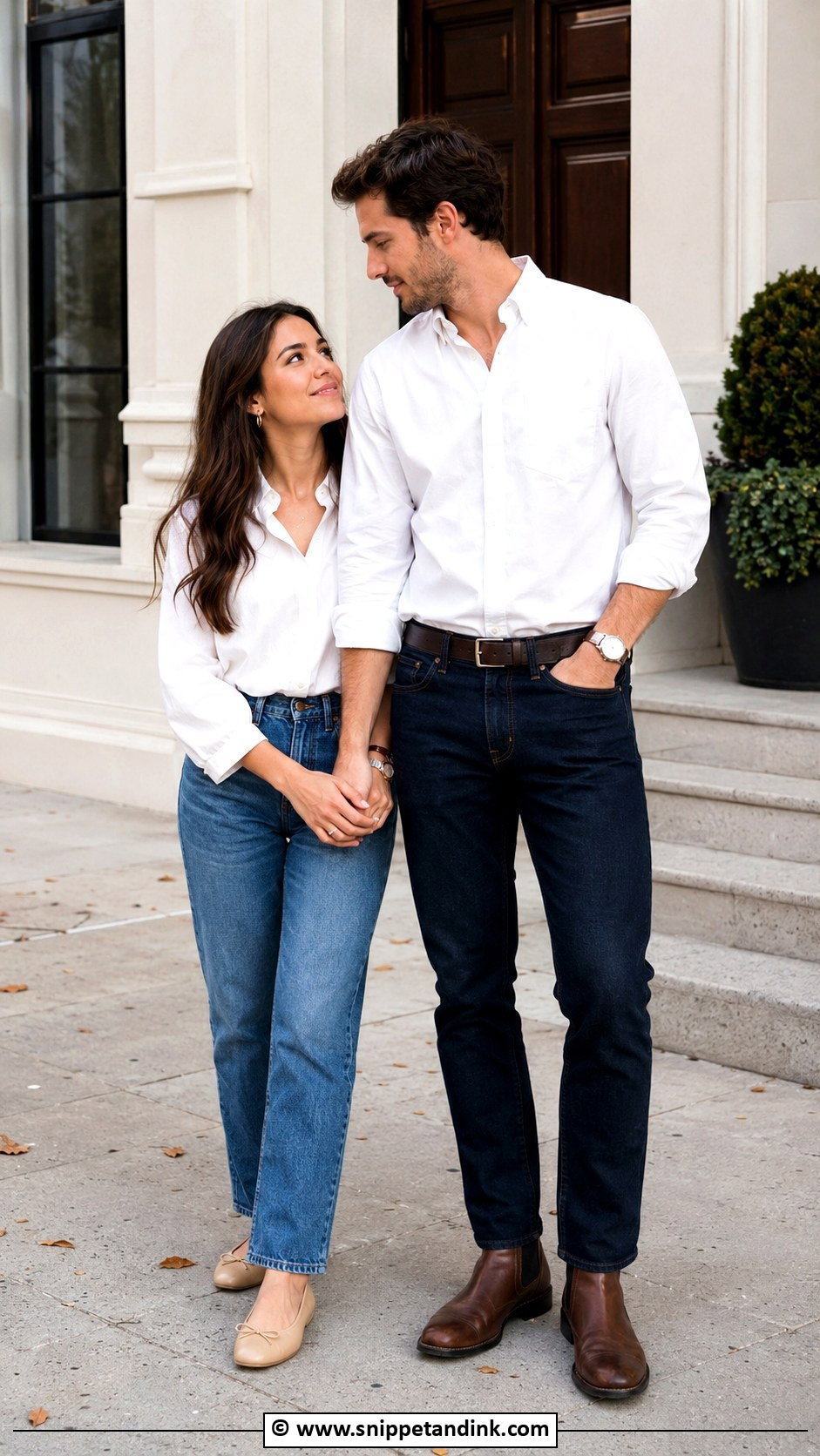 Jeans And White Shirt Couples Photoshoot Outfit - Snippet and Ink - 30 Couples Photoshoot Outfits
